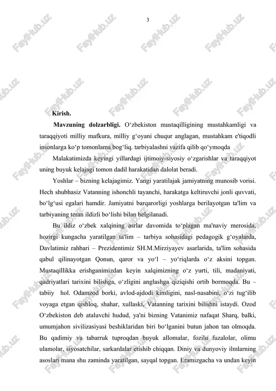 a dahosi bilan yaratilgan eng qadimgi toshyozuv va bitiklar, xalq og‘zaki ijodi namunalaridan tortib, bugungi kunda kutkbxonalarimiz xazinasida saqlanayotgan ming-minglab qo‘lyozmalar, ularda mujassamlashgan tarix, adabiyot, sa'at, siyosat, axloq, falsafa, tibbiyot, matematika, minerologiya, kimyo, astronomiya, ma'morchilik, dehqonchilik va boshqi sohalarga oid qimmatbaho asarlar bizning buyuk ma'naviy boyligimizdir. bunchalik ma'naviy merosga ega bo‘lgan xalq dunyoda kamdan-kam topiladi”, – degan edi. o‘z tarixiga yangicha tafakkur asosida yondoshish, o‘tmishdagi pedagogik tafakkur daholarining shuhratini tiklash, ularning g‘oyalarini xalq xayotiga tatbiq etish kabi ulug‘ ishlar amalga oshirildi. ayni paytda o‘zbek va boshqa qardosh xalqlarning milliy shakllanishi va rivojlanishini zamon talablariga mos keladigan ta'lim – tarbiya tizimisiz tasavvur qilish mumkin emas. yosh avlodni tarbiyalash va o‘qitish nazariyasi bilan amaliyotning qanday taraqqiy qilib kelganligini bilmay turib, yoshlarni har tomonlama komil inson etib tarbiyalash masalalarini ilmiy ravishda hal qilib bo‘lmaydi. bu ajdodlarimiz tomonidan isbot qilingan ilmiy – nazariy, falsafiy – tarbiyaviy haqiqatdir. axloqan pok va yetuk insonlarni tarbiyalash masalasini …