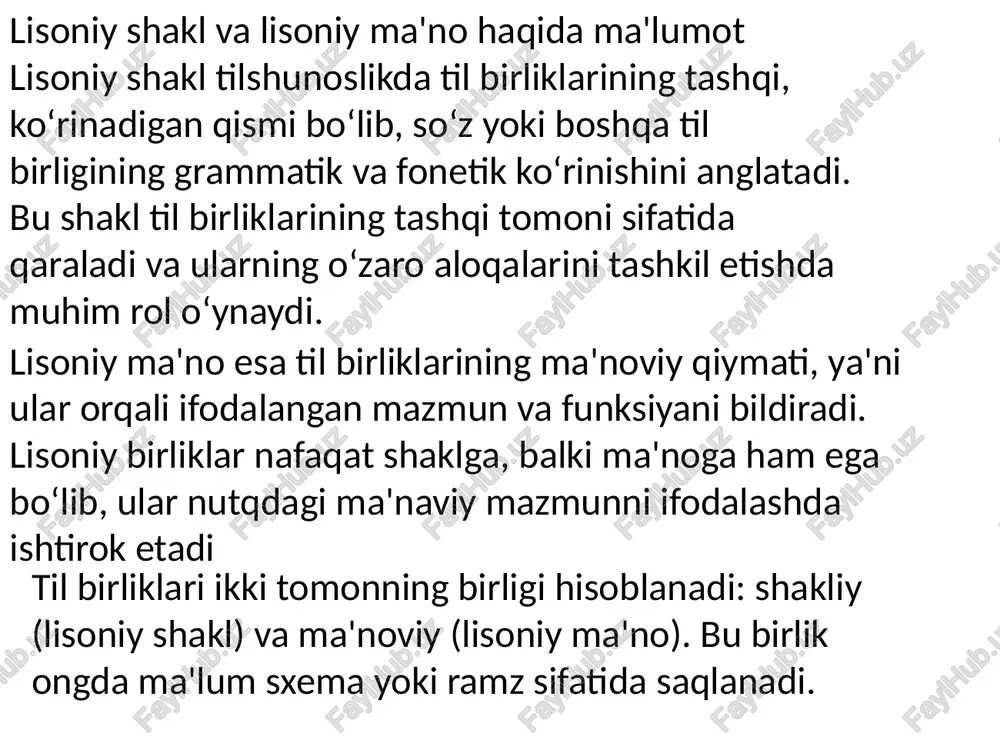 li uning tizimli, struktural va funksional jihatlarini ifodalaydi, bunda tilning kichik birliklari o'zaro bog'lanib, tilning murakkab tizimini hosil qiladi. tilshunoslikda tilning tashqi va ichki shakli — bu til birliklarining tashqi (moddiy, shakliy) va ichki (ma’no, vazifa) tomonlarining o‘zaro bog‘liqligi va bir-birini to‘ldiruvchi jihatlarini ifodalaydi. ichki va tashqi shakl tushunchalari ichki shakl — til birliklarining mazmuni, ma’nosi, funksiyasi va ularning tizimdagi o‘rni, ya’ni tilning ichki tuzilmasi, grammatik va semantik xususiyatlaridir. bu tilning qanday ishlashini, birliklar o‘rtasidagi munosabatlarni, ularning paradigmatik va sintagmatik aloqalarini o‘rganadi. tashqi shakl — til birliklarining moddiy ko‘rinishi, ya’ni tovush (fonetik), yozuv, so‘zning tashqi tuzilishi, talaffuzi va boshqa seziladigan belgilaridir. bu til birliklarining tashqi ifodasi, shakliy tomonidir. o‘zaro munosabat tilshunoslikda ichki va tashqi shakl bir-biridan ajratilmaydi, ular o‘zaro bog‘liq va bir-birini shartlaydi. masalan, har bir lisoniy birlik (so‘z, fonema, morfema) o‘zining tashqi shakliga (moddiy ko‘rinish) va ichki shakliga (ma’no, vazifa) ega. ichki shakl (ma’no, vazifa) tashqi shakl (moddiy ko‘rinish) …