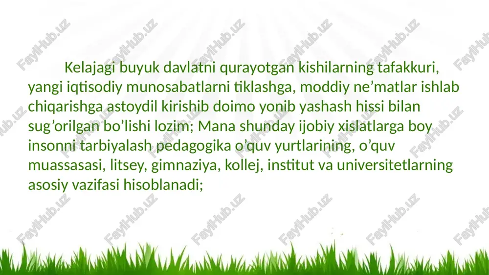anuvchilarning o’quv muassasalari shart-sharoitlarida amalga oshirish dasturini ishlab chiqadi; katta yoshdagilar pedagogikasida oliy o’quv yurti shart-sharoitlarida yoshlarni tarbiyalashning nazariy masalalari va metodikasini ishlab chiqadigan pedagogika tarmog’i sifatida oliy o’quv yurti pedagogikasining shakllanayotganligi, uning aniqlashib borayotganligi ko’zga tashlanadi; milliy armiyamiz uchun mutaxassislar tayyorlaydigan harbiy o’quv yurtlarida yoshlarga ta’lim berish hamda tarbiyalash muammolari bilan harbiy pedagogika sohasi shug’ullanadi; bulardan tashqari oila pedagogikasi bugungi kundagi dolzarb vazifalardan birini tashkil etib, oilalarda, oila markazlarida, mahallalarda, jamoat tashkilotlarida, oila-nikoh muassasalarida amalga oshirilayotgan tadbirlarda namoyon bo’ladi; shokirov ismoiljon surdopedagogika kar va gung tarbiyalanuvchilar ta’lim-tarbiyasi masalalari bilan tiflopedagogika ko’zi ojiztarbiyalanuvchilar ta’lim-tarbiyasi bilan oligofrenopedagogika aqli ojizlar ta’lim- tarbiyasi bilan shug’ullanadi tarbiya-o’sib kelayotgan avlodda hosil qilingan bilimlar asosida aqliy kamolot – dunyoqarashni, insoniy e’tiqod, burch va ma’suliyatni, jamiyatimiz kishilariga xos bo’lgan axloqiy fazilatlarni yaratishdagi maqsadni ifodalaydi; tarbiya bola tug’ilgandan boshlab umrining oxirigacha oilada, maktabda va jamoatchilik ta’sirida shakllanib boradigan jarayondir; ta’lim – maxsus tayyorlangan kishilar rahbarligida o’tkaziladigan, o’quvchilarni bilim, …