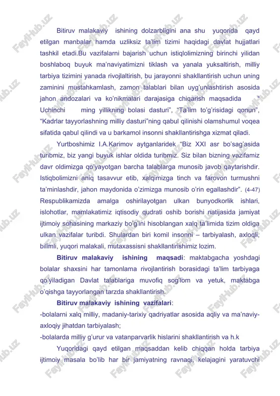 qli, bilimli, yuqori malakali, mutaxassisni shakllantirishimiz lozim. bitiruv malakaviy ishining maqsadi: maktabgacha yoshdagi bolalar shaxsini har tamonlama rivojlantirish borasidagi ta’lim tarbiyaga qo’yiladigan davlat talablariga muvofiq sog’lom va yetuk, maktabga o’qishga tayyorlangan tarzda shakllantirish. bitiruv malakaviy ishining vazifalari: -bolalarni xalq milliy, madaniy-tarixiy qadriyatlar asosida aqliy va ma’naviy-axloqiy jihatdan tarbiyalash; -bolalarda milliy g’urur va vatanparvarlik hislarini shakllantirish va h.k yuqoridagi qayd etilgan maqsaddan kelib chiqqan holda tarbiya ijtimoiy masala bo’lib har bir jamiyatning ravnaqi, kelajagini yaratuvchi shaxslarning qanday kamol topishiga davlatning shu sohadagi dasturlari, nizomlari va ularning hayotga qanday tatbiq etilishiga bog’liq. tarbiya nazariyasini qarab chiqar ekanmiz boshqa bo’limlarni kamsitmagan holda shuni aytishimiz mumkinki maktabgacha tarbiya yoshidagi bolalar shaxsini ma’naviy-axloqiy jihatdan to’g’ri shakllanirishda ular bilan olib boriladigan ma’naviy, axloqiy, jismoniy tarbiya eng asosiy rol o’ynaydi. chunki axloqiy tarbiya bola hayotining birinchi yillaridanoq axloqiy ong, tuyg’u va ma’naviy xulq atvorni –odatlarni shakllantirish uchun faol bir jarayondir. axloqiy tarbiya jamiyatning bo’lajak fuqarolariga zarur bo’lgan …
