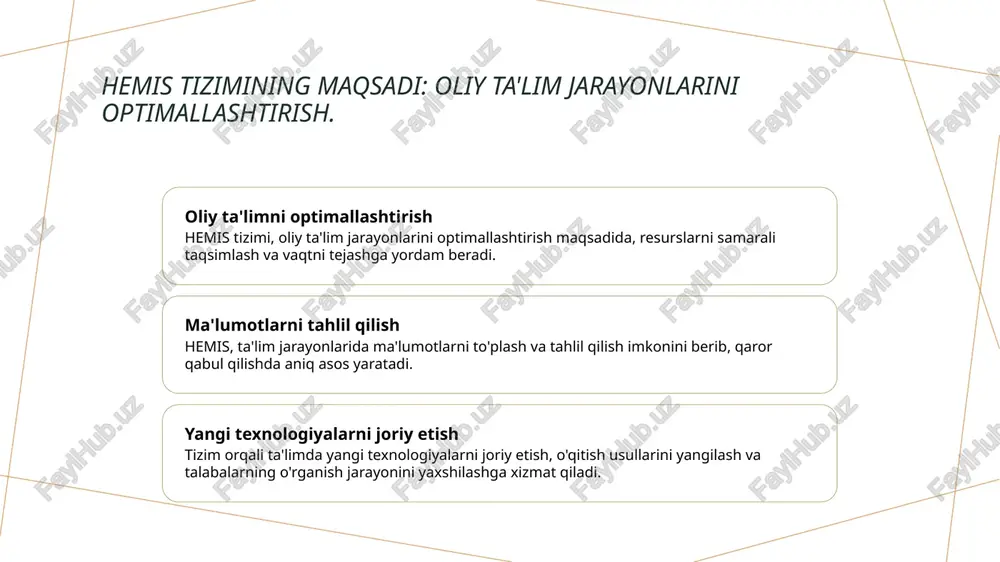 innovatsiyalar - oliy ta'limda raqamli innovatsiyalar axborot tizimlaridan foydalanishni yanada kengaytiradi, bu esa ta'lim jarayonlarini yanada sifatli va samarali qiladi. o'zbekistonda ta'lim texnologiyalarining rivojlanishi va innovatsiyalar. 1 ta'lim texnologiyalari o'zbekistonda ta'lim texnologiyalari, masofaviy o'qitish va interaktiv o'quv platformalarini o'z ichiga olgan innovatsiyalar bilan rivojlanmoqda. 2 innovatsion yondashuvlar o'zbekistonda ta'lim jarayonlarida innovatsion yondashuvlar joriy etilmoqda, masalan, digital platformalar, o'yin asosidagi o'qitish metodlari va ai texnologiyalari. 3 raqamli imkoniyatlar raqamli texnologiyalar, masalan, mobil ilovalar va o'quv portallari, talabalarni ta'lim jarayonlariga jalb qilishda va o'qitish sifatini oshirishda muhim rol o'ynaydi. oliy ta'limda raqamli vositalardan foydalanish: amaliyot va tajribalar. raqamli vositalar oliy ta'limda raqamli vositalar, masalan, onlayn platformalar va interaktiv darslar, ta'lim jarayonini samarali va qiziqarli qiladi. o'qitish metodlari raqamli vositalar o'qitish metodlarini yangilashga yordam beradi, masalan, flipped classroom va gamifikatsiya usullaridan foydalanish o'quvchilarning faolligini oshiradi. tajribalar va natijalar o'zbekistondagi oliy ta'lim muassasalarida raqamli vositalardan foydalanish tajribalari, talabalar natijalarini yaxshilash va ta'lim sifatini oshirishga …