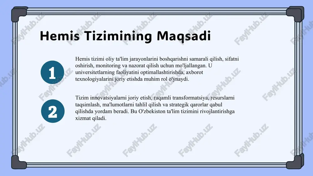 a ishtirokchilarni faol ishtirokga chaqiramiz. foydalanilgan adabiyotlar 1. o'zbekiston ta'lim tizimini innovatsion rivojlantirish: hemis tizimining roli. o'zbekiston ta'lim vazirligi, 2021. 2. akmalov, s. hemis axborot tizimlari va oliy ta'lim boshqaruvi. toshkent davlat pedagogika universiteti nashriyoti, 2020. 3. qodirov, m. oliy ta'limda informatika texnologiyalarining o'rni. o'zbekiston respublikasi ilmiy-jarayoniy markazi, 2019. 4. islomov, d. ta'lim texnologiyalarining zamonaviy tendentsiyalari. o'zbekiston davlat universiteti jurnal, 2022. 5. yusufov, a. hemis tizimining ta'lim sifatini oshirishdagi imkoniyatlari. o'zbekiston ta'lim innovatsiyalari markazi, 2023. e'tiboringiz uchun rahmat! image1.png image2.png image3.png image4.png image5.png image6.png image7.png image8.png image9.png image10.png image11.png image24.jpg image18.png image19.png image20.png image21.png image22.png image23.png