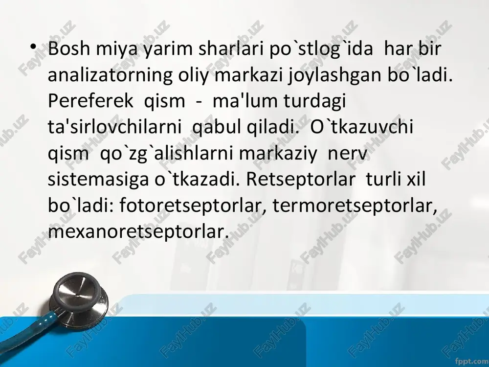 ing sezgirligi ortib boradi. hid bilish analizatori. turli moddalarning hid burunning yuqori chig`anoqlarining o`rta qismi va burun tusig`ining shilliq pardasidagi maxsus retseptorlar yordamida bilinadi. shilliq pardadagi o`siqlar hidlov nervini xosil qiladi. odamda hid biluvchi nerv xujayralari 60 mil. ortiq. hid sezgisi nixoyatda o`tkir va nozik hisoblanadi. bir litr havoda 1:100.000 gramm efir bo`lganda odam uning hidini sezadi. yangi to`g`ilgan bola ba'zi bir noxush hidlarga nisbatan yuz mimikasini o`zgartirish, nafas olish va pulsning o`zgarishi bilan javob beradi. hidlarni to`liq ajrata olish 4 oylikdan boshlanadi. ko`rish analizatori. ko`rish analizatori tashqi dunyodagi narsalarni rangi, shakli haqida tasavvur xosil qilishimizga yordam beradi. ko`zning bevosita ta'sirlovchisi yorug`lik bo`lib, yorug`lik ko`z retseptoriga ta'sir etib kuruv sezgisini xosil qiladi. kuruv organi bolaning 11 – 12 yoshigacha rivojlanib boradi. ko`zning tuzilishi. ko`z soqqasi va uni o`rab turgan apparatdan tashkil topgan. ko`z soqqasi sharga o`xshash bo`lib, ko`z kosasida joylashgan. kuz soqqasining devori uch qavatdan: tashqi-oqsil parda (skera), o`rta – …