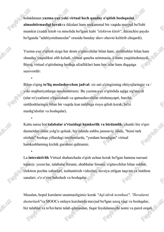 bu faqat fikr, men virtual va global ta'lim hayotimizdagi kamchiliklardan ko'ra ko'proq foyda keltirdi, deb o'ylayman, lekin u yuzma-yuz o'qitishni o'rnini bosmasligi kerak, balki u bilan birga yashashi kerak, ayniqsa, hamma buni qila oladi sizga eng mos keladigan narsani tanlang. internetning kashf etilishi insoniyat hayotida katta o'zgarishlarga sabab bo'ldi. dunyo aholisining soni hozir yetti milliarddan oshgan bo'lsa, shundan uch milliarddan ziyodi internet tarmog'iga ulangan. 2022-yilgi statistikaga ko'ra, o'zbekistonda ham aholining 70 foizdan ortig'i internetdan foydalanadi va bu raqam yildan yilga o'sib bormoqda. shunday ekan, internetning foyda va salbiy tomonlari haqida batafsilroq ma'lumot olishga ehtiyoj bor. ayniqsa, o'zbek tilida bu mavzuda manbalar juda kam. internet nima uchun kerak va uning qanday foydalari bor? ko'pchilik internetdan yangiliklar o'qish, musiqa tinglash, ijtimoiy tarmoqlardan foydalanish kabi, asosan, ko'ngilochar maqsadlarda foydalanadi. ammo internet insonlarga taqdim etadigan qulaylik va foydalar faqat bulardan iborat emas. oddiy elektron pochta (email) xizmatini olib ko'raylik. bir necha soniya ichida maktub …