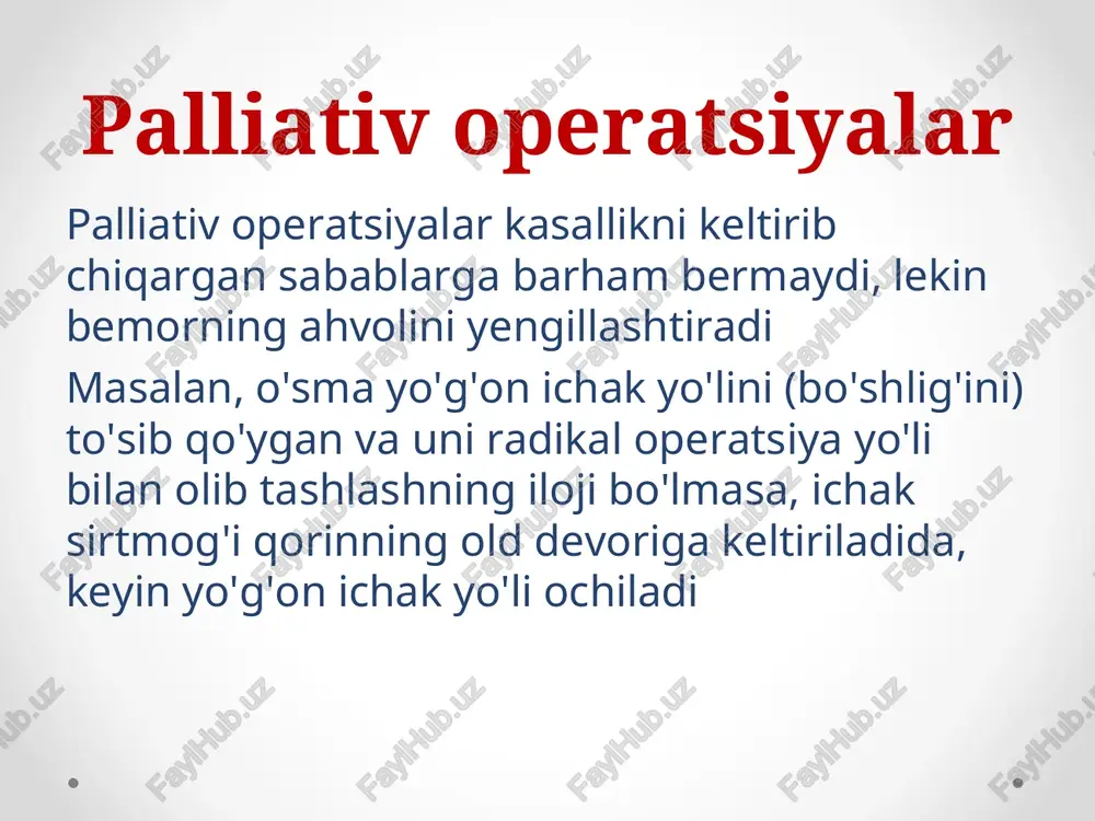 siya zalida yoki bog'lov xonasida o'lkaziladi. xirurgik operatsiyani operatsiya qiluvchi xirurg, assistent xirurglar, operatsiya hamshirasi, sanitarkalar va narkoz ishlatiladigan hollarda vrach-anesteziolog hamda anestezist hamshiralar amalga oshiradilar. terini tikish bosqichlari operatsiyadan keyingi davr 1) dastlabki faza - operatsiyadan keyingi dasllabki 3-5 kunni o'z ichiga oladi; 2) kechki faza - operatsiyadan keyingi 2-3 haftadan iborat, ko'pincha u bemor kasalxonadan chiqib ketguncha davom etadi; 3) olis faza - ish qobiliyati tiklanguncha (yoki boshqa natija aniqlanguncha) davom etadi. e’tiboringiz uchun raxmat a a 23 ® & nae ry = aey 112+ rasm, bemomi operatsion stolda yotgizish holatlari