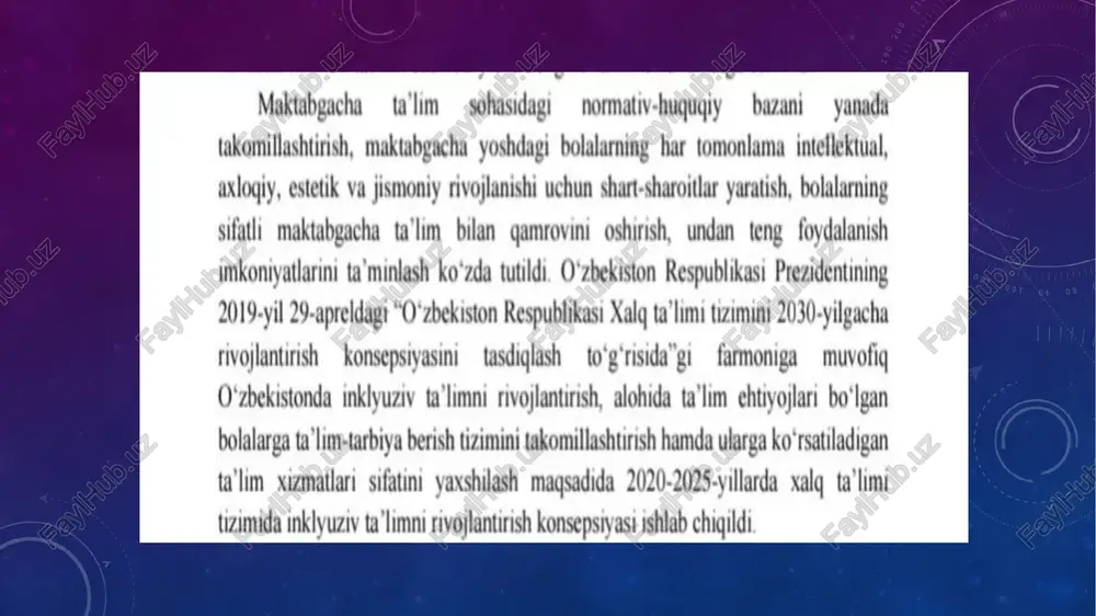 di? - 0°z imkoniyatini o°zi uchun kashf etish imkonini beradi - mustagil harakatlanish birgalikda, hamkorlikda ishlash imkoniyati orqali yuzaga keladi; ~ dunyogarashi kengayadi, hayotiy tajribasi oshadi; - o’qishga bo'lgan ehtieji va qiziqishlari ortadi; - o'zini barcha bilan bir xil his qila boshlaydi; + ilgari sezilmagan imkoniyatlari ochiladi; - yotsirash, yakkalanish kabi xususiyatlari yo'qoladi inklyuziv ta’lim vazifasi bolalarning qobiliyatlari va holatidan qat’i_ nazar, ularning barchasiga sifatli ta’lim taqdim etishdan iborat. shu bilan birga, inklyuzivlik tamoyili imkoniyatlari cheklangan bolalar ijobiy ruhiy va ijtimoiy rivojlanishga ega bo'lishlari uchun oilada yashashlari va o°z tengdoshlari bilan birga oddiy maktabda bilim olishlari lozimligini nazarda tutadi. ma’lumki, inklyuziv ta’limda maxsus ta’lim ehtiyojidagi bolalar barcha bolalar bilan birga ma’lum maqsadda turli qobiliyatlarga muvofiq guruhlashtiriladi, maxsus ta’lim agliy, jismoniy tashqi ko‘rinishga muvofiq amalga oshirilsa, inklyuziv ta’lim bolaning gobiliyati va imkoniyatlariga ko'ra belgilanadi, maxsus ta’lim o‘gitishning maxsus va alternativ dasturlari orgali o‘gitilsa, inklyuziv ta'lim bolaga yo‘naltirilgan va moslashtirilgan, yo‘riqnomali, barchaga …