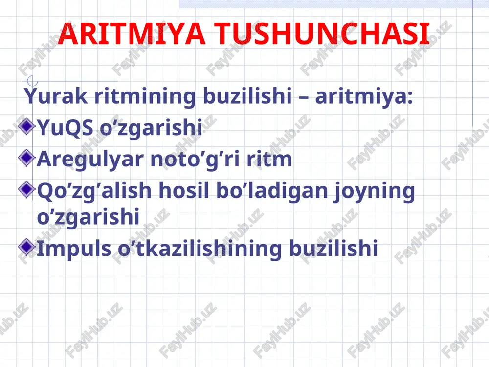 rmatsiyasi qorinchalar blokadasi qisqaruvchanlik buzilishi pulsus alternans – “saqrovchi” puls; amplitudasi va uzunligi katta va ki-chik puls to’lqinlarining almashinishi. miokard shikastlanishida unga kela-digan bitta impulsga javoban hamma tolalar qisqarishi, keyingisiga esa faqat bir qismi qisqarishi bilan bog’liq. shuning uchun qisqarish amplitudasi har xil bo’ladi kombinirlangan (aralash) aritmiyalar bo’lmachalar titrashi bo’lmachalar fibrillyatsiyasi qorinchalar titrashi qorinchalar fibrillyatsiyasi bo’lmachalar titrashi bo’lmachalar qisqarishi 200-400/min,to’q’ri ritm saqlanadi mexanizm: bir nechta ektopik uchog’larning faollashuvi ekg: bo’lmacha f to’lqinlari, qrs o’zgarmagan bo’lmachalar fibrillyatsiyasi bo’lmachalarning aloxida kardiomiotsitlarining tartibsiz qo’zg’alishi va qisqarishi (350-700/min) mexanizm: re-entry (miokardni elektrik nogomogenligi) ekg: r yo’q, f to’lqinlari, qrs paydo bo’lishi nostabil (90-140/min) qorinchalar titrashi va fibrillyatsiyasi qorinchalar titrashi - doimiy va to’g’ri impuls tsirkulyatsiyasi tufayli ularning tez (200-300/min) va ritmik qo’zqalishi. ekg: to’g’ri sinusli ritm qorinchalar fibrillyatsiyasi - aloxida kardiomiotsitlarining tartibsiz qo’zg’alishi va qisqarishi (200-500/min), ekg: shakli va amplitudasi har xil aregulyar to’lqinlar 0.60 & of. 0.68 pf 0.84 cnn 0,67 eof r …