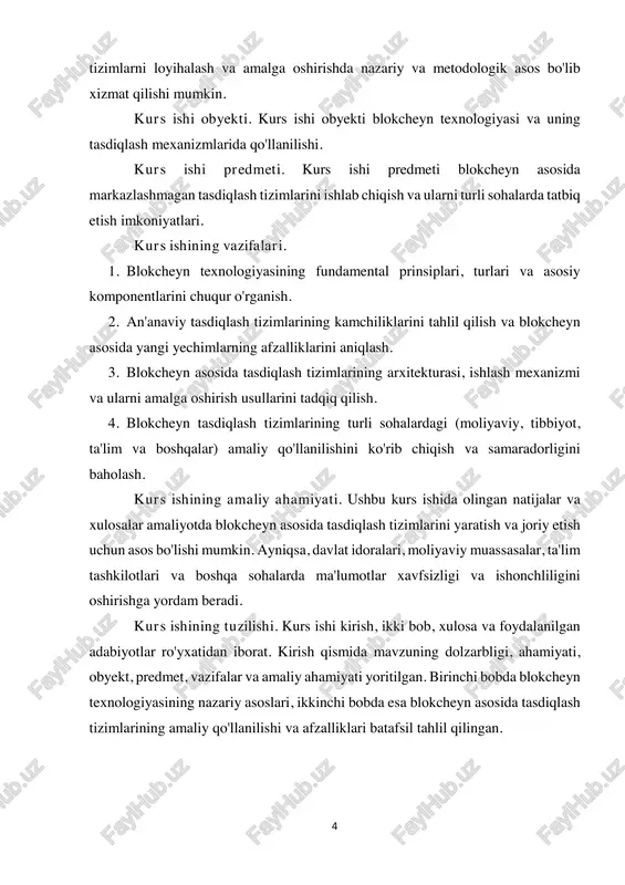 ulosalar amaliyotda blokcheyn asosida tasdiqlash tizimlarini yaratish va joriy etish uchun asos bo'lishi mumkin. ayniqsa, davlat idoralari, moliyaviy muassasalar, ta'lim tashkilotlari va boshqa sohalarda ma'lumotlar xavfsizligi va ishonchliligini oshirishga yordam beradi. kurs ishining tuzilishi. kurs ishi kirish, ikki bob, xulosa va foydalanilgan adabiyotlar ro'yxatidan iborat. kirish qismida mavzuning dolzarbligi, ahamiyati, obyekt, predmet, vazifalar va amaliy ahamiyati yoritilgan. birinchi bobda blokcheyn texnologiyasining nazariy asoslari, ikkinchi bobda esa blokcheyn asosida tasdiqlash tizimlarining amaliy qo'llanilishi va afzalliklari batafsil tahlil qilingan. 5 i. bob. blokcheyn texnologiyasining asoslari va rivojlanishi 1.1. blokcheyn tushunchasi, uning tarixi va fundamental prinsiplari blokcheyn tushunchasi. blokcheyn (inglizcha: "blockchain" - bloklar zanjiri) tarqatilgan reyestr texnologiyasi (dlt – distributed ledger technology) bo'lib, o'zgarishi mumkin bo'lmagan, shaffof va markazlashmagan ma'lumotlar bazasini yaratish imkonini beradi. oddiy qilib aytganda, bu ma'lumotlarni saqlashning shunday usuliki, unda yozuvlar (tranzaksiyalar) "bloklar" deb nomlangan guruhlarga jamlanadi va bu bloklar kriptografik jihatdan bir-biriga zanjirdek ulanadi. har bir yangi blok avvalgi …