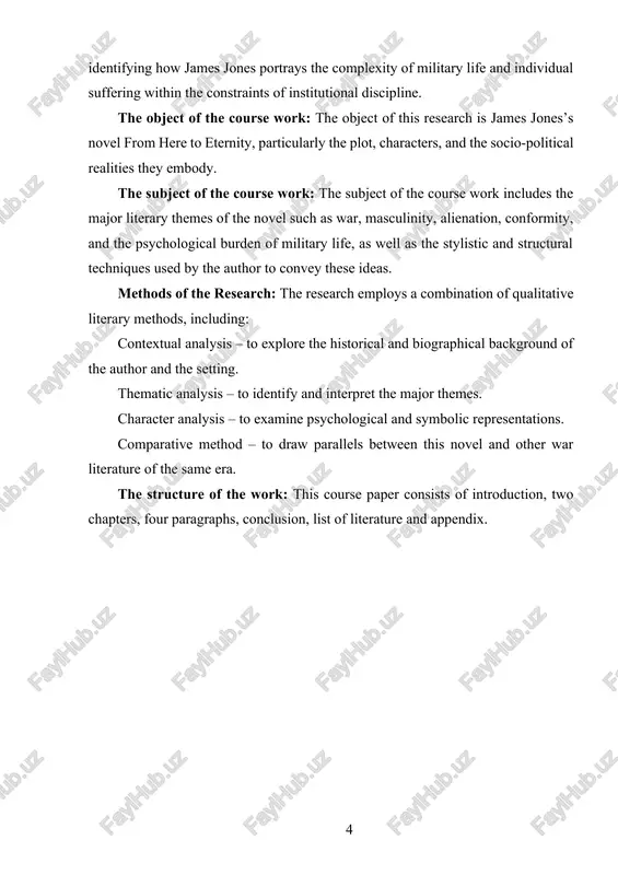 tive method – to draw parallels between this novel and other war literature of the same era. the structure of the work: this course paper consists of introduction, two chapters, four paragraphs, conclusion, list of literature and appendix. chapter i. james jones: life, style, and historical context 1.1. the biography of james jones and his wartime experience james ramon jones was born on november 6, 1921, in robinson, illinois, a small midwestern town that would later influence the psychological landscapes of his literary works. coming from a modest background, jones experienced the economic hardship of the great depression firsthand, which shaped his perceptions of social structure, survival, and human dignity. these elements would later surface in his fictional characters, many of whom struggle against systems that suppress individuality and freedom[footnoteref:1]. [1: jones, james. from here to eternity. new york: scribner, 1951.] at the age of seventeen, james jones enlisted in …