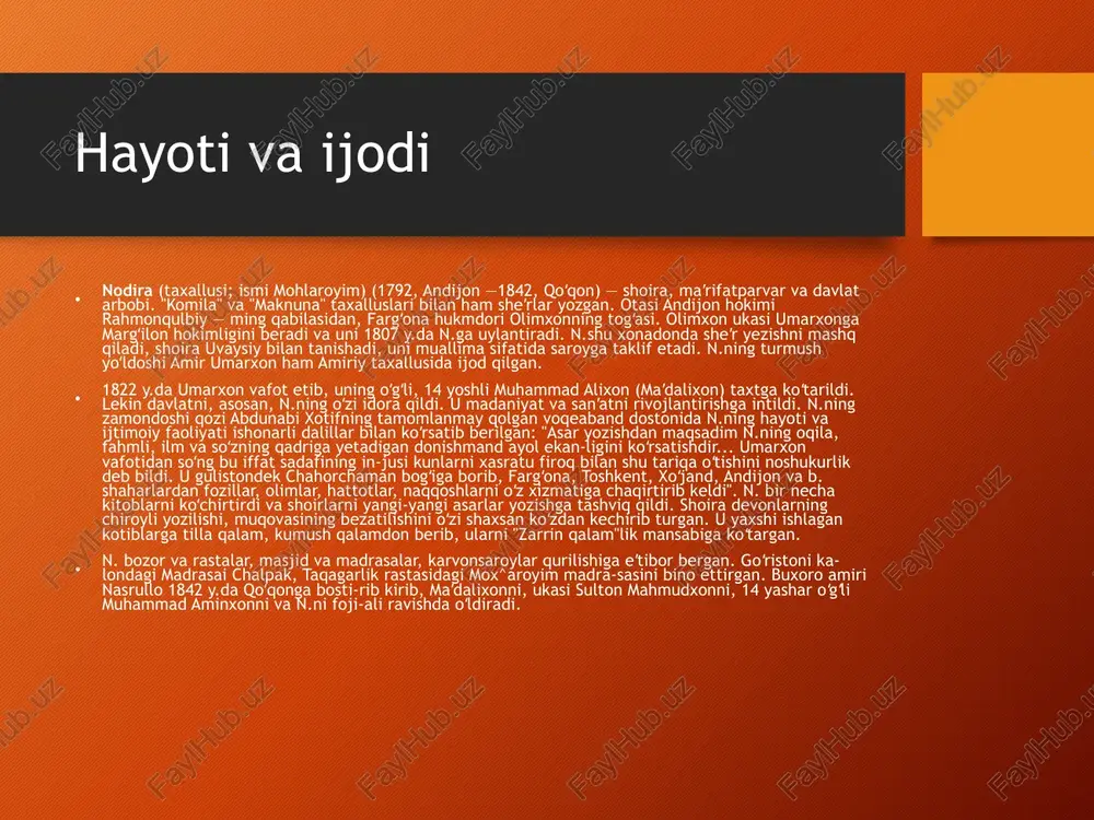 sitasiga aylantiriladi. n. insonning eng yuksak fazilati vafodorlikda deb biladi. shoiraning forstojik tilidagi mebosh radifli gazalida vafo mavzui keng doirada kalamga olinadi. shoira himmat, sabr, qanoat, nomus, hayo kabi hislatlarni maʼrifat, yaʼni xudo vasliga erishishni yaqinlashtiruvchi manzillar sifatida qayd etadi, odam ana shu sharafli hislatlarni oʻz ruhiga mukammal singdirib olishi va uni sobitkadamlik bilan koʻngil ganjinasida asramogʻini obrazli qilib tasvirlaydi. odamzod shu sifatlardan maxrum boʻlar ekan, u riyo yoʻliga kirib ketadi. n. oʻz ijodida dunyoviylik bilan bir qatorda tasavvufning naqshbandiya yoʻnalishiga asoslangan bir butunlik orkali insonning jamiyat va tabiatga munosabatini ham, ilohiy muhab-bat yoʻlidagi ruhiy dunyosini ham juda goʻzal va jonli misralarda ifodalab beradi. n. sheʼrlarida islom ruhi, ta-savvuf taʼlimi va hayot falsafasini chuqur idrok etgan holda hayotga hamma vaqt umidbaxsh nigoh bilan qaraydi va undan yaxshilik urugʻini qidiradi. n. saroyda yashasa ham, oʻzini maʼnaviy jihatdan baxtiyor hisoblay olmas edi. shuning uchun ham u gʻazallaridan birida: "meni saltanat masnadida koʻrib, …