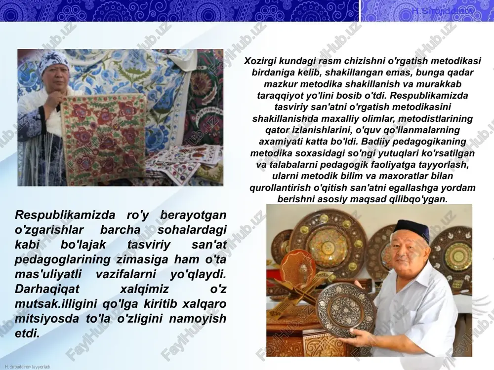 an don savatlardagi teshiklar orqali nish chiqarmasligi uchun bu savatlarni ichidan loy bilan suvab qo‘yishardi. ehtimol, kunlardan bir kun o‘shanaqa savatlardan biri olovga qulab tushadi. qamishpoya kuyib ketgan va ilk kulolchilik buyumi tayyor bo‘lgan. kulolchilik buyumlarini uch turga ajratishgan - loydan yasalgan idishlar, sopol buyumlar va chinni buyumlar. kulolchilik buyumlarining eng oddiy xili - loy idish - loydan tayyorlanadigan va kuydiriladi. u galvirak va bora-bora suv o‘tkaza boshlaydi amaliy san’at, amaliy bezak san’ati — bezak san’ati sohasi; ij-timoiy va shaxsiy turmushda amaliy ahamiyatga ega bo‘lgan badiiy buyumlar tayyorlash va kundalik turmush ashyo-lari (asbob-anjomlar, mebel, mato, mehnat qurollari, kiyim-kechaklar, taqinchoqlar, o‘yinchoqlar va boshqalar)ni badi-iy ishlash bilan bog‘liq ijodiy meh-nat sohalarini o‘z ichiga oladi. amaliy sanʼat asarla-ri ko‘z bilan ko‘rish, his etish va anglash-ga mo‘ljallangan. amaliy sanʼat asarlari va bu-yumlari insonning moddiy muhitini go‘zallashtirishga, estetik boyitishga xizmat qiladi, ayni paytda o‘zining ko‘rinishi, tuzilishi, xususiyatlari bilan insonning ruhiy holati, kayfiyatiga ta’sir etadi, bezatilgan …