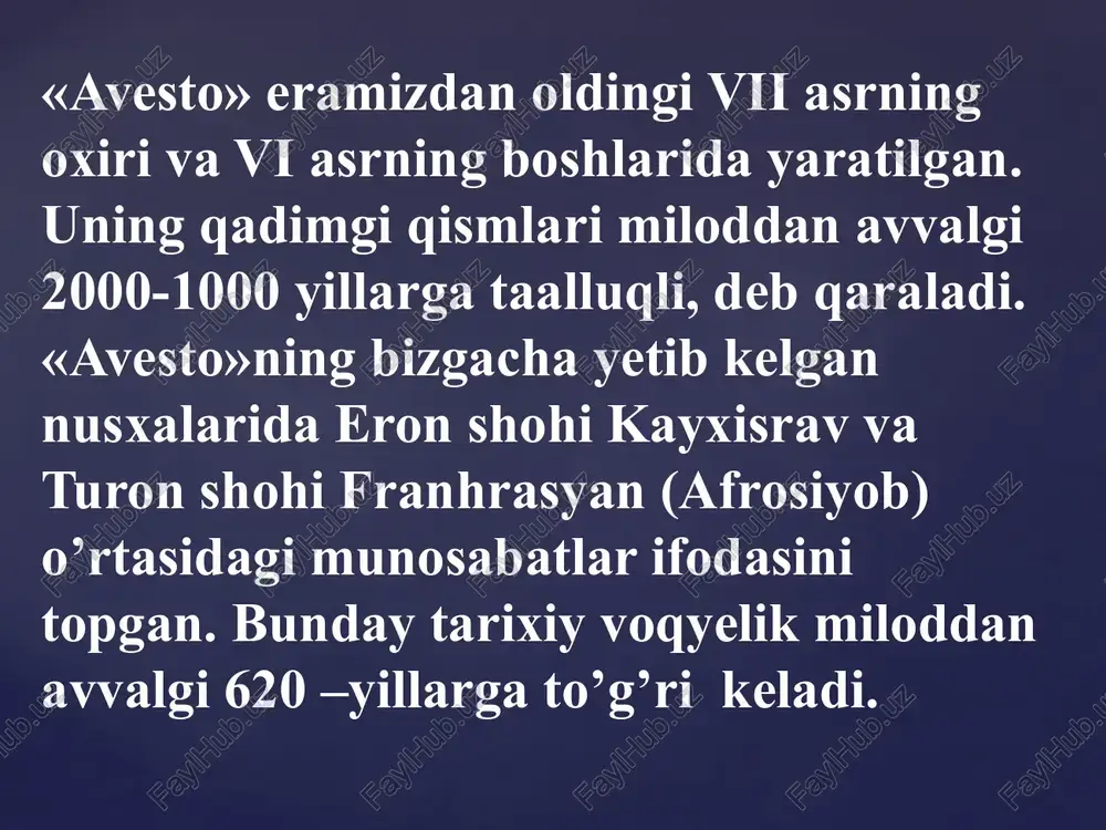 xotin» qo’shig’ini aytganlarga xayr–sadaqa berishgan. quyidagi parchada yaratilgan sust xotin obrazi «avesto»dagi suv xudosi tishtar mifologiyasiga bog’lanadi. sust xotin-o, sust xotin, ko’lankasi maydon xotin, sust xotin. dehqonlarni g’am bosdi, sust xotin. omochini chang bosdi, sust xotin. havo yog’sin sevalab, sust xotin. bo’ri qochsin tebalab, sust xotin, bug’doy bo’lsin zarchalab, sust xotin, sag’ir - sug’ir qolganlar, sust xotin, nonni yesin parchalab, sust xotin, sust xotin-o, sust xotin, ko’lankasi maydon xotin, sust xotin. «avesto»da ilk foniy odam – gaya marta haqida rivoyatlar keltirilgan. u zardo’shtiylikda yer yuzida yashagan birinchi odam sifatida tasavvur etiladi. o’rta asr manbalarida uning nomi gavomard, gayomat, gopat shoh, qo’bodshoh, kayumars tarzida bitilgan. gaya marta ikki vujudli, ho’kiz va odamdan tashkil topgan. uni ezgulik xudosi axura mazda dantiya daryosining bo’yidagi ar’yana vejada yetmish kun mobaynida yaratgan. daryoning chap sohilida odam, o’ng qirg’og’ida ho’kiz turgan. gaya marta insoniyat dushmani axriman tomonidan o’ldirilgan. e’tiboringiz uchun kottakon rahmat!!! image2.jpeg image3.jpeg image4.jpeg image5.jpeg …