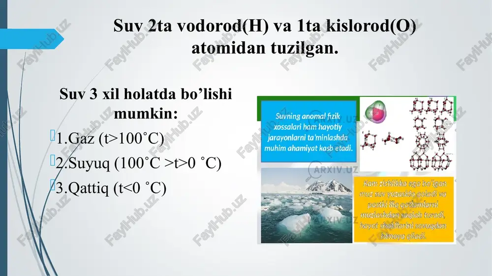 i. ratignax aady tirik organizmlarning to‘qimalarida, hujayralarida suv bo‘ladi. masalan, inson tanasining o‘rtacha 65% ini suv tashkil etadi.