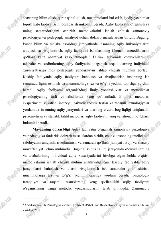 ganilganlik darajasi aqliy faoliyatni o‘rganishning ahamiyati inson psixikasini chuqur tushunish, individual xususiyatlarni aniqlash va ularni samarali rivojlantirish bilan bevosita bog‘liqdir. aqliy faoliyatning turli komponentlarini – tafakkur, diqqat, xotira, tasavvur va ijodiy fikrlashni aniqlash orqali shaxsning o‘qish, ish va kasbiy faoliyatdagi samaradorligini oshirish mumkin bo‘ladi. shu sababli, metodikalarni ishlab chiqish va tadqiqot asosida qo‘llash pedagogika, psixologiya va kasbiy faoliyat sohalari uchun katta ahamiyatga ega. ta’lim jarayonida aqliy faoliyatni baholash va rivojlantirish o‘quvchilarning va talabalarining individual xususiyatlariga mos yondashuvni yaratishga imkon beradi, bu esa bilim va malaka darajasini sezilarli darajada oshiradi. kasbiy faoliyatda esa aqliy jarayonlarni to‘g‘ri baholash ish samaradorligini, muammolarni tez va to‘g‘ri hal etish qobiliyatini oshirishga yordam beradi. aqliy faoliyatni o‘rganish metodikalarining ahamiyati ilmiy tadqiqotlar va empirik tajribalarni yaratishda namoyon bo‘ladi. zamonaviy psixodiagnostik usullar, testlar, eksperimentlar va raqamli metodlar orqali aqliy faoliyatning aniq o‘lchovlari va natijalari olinadi, bu esa ilmiy asoslangan tavsiyalar ishlab chiqishga imkon beradi. metodik yondashuvlar insonning intellektual …
