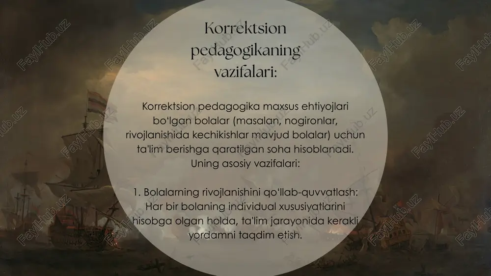 m tizimida o‘quvchilarning ehtiyojlarini qondirishga va ularni jamiyatga moslashuvda qo‘llab-quvvatlashga xizmat qiladi. xulosa korrektsion pedagogika maxsus ehtiyojlarga ega bo‘lgan bolalarning rivojlanishidagi muammolarni hal qilish va ularga to‘liq ta'lim olish imkoniyatlarini yaratish uchun muhim rol o‘ynaydi. uning asosiy vazifalari, tamoyillari va metodlari bolalarning individual xususiyatlarini inobatga olgan holda, ular uchun moslashtirilgan ta'lim jarayonini tashkil etishdir. maxsus ta'lim oluvchilarni o‘qitishda individual yondashuv, maxsus metodlar va texnikalar qo‘llaniladi, bu esa ularning nutq, motorika va aqliy rivojlanishini yaxshilashga yordam beradi. korrektsion pedagogik metodlar orqali o‘quvchilar jamiyatga to‘liq integratsiyalashadi va o‘z imkoniyatlariga mos tarzda rivojlanadilar. shuningdek, interfaol usullar yordamida o‘quvchilarni faollashtirish va ularning nutq madaniyatini shakllantirish mumkin bo‘ladi. bunda, ta'lim jarayonidagi har bir detal, maxsus ehtiyojlari bo‘lgan bolalarning o‘ziga xos xususiyatlari va imkoniyatlariga moslashtirilgan bo‘lishi kerak. e'tiboringizga uchun rahmat. image1.jpeg image2.png image3.jpeg image4.jpeg image5.jpeg image6.png image7.jpeg image8.png image9.jpeg image10.jpeg image11.jpeg image12.jpeg 40 30, 20 10 0 item 1 item 2 item 3 item4 item 5 …