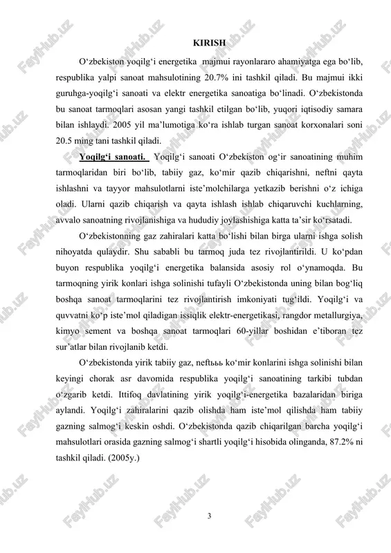 loq xo`jaligi, transport) va aholining kundalik xayoti uchun juda katta ahamiyatga ega. yoqilg`i-energetika majmui sanoatning bir tarmog`i bo`lsa ham u umumiqtisodiy ahamiyat kasb etadi, shu boisdan ham ba`zan yoqilg`i-energetikani sanoat tarkibiga ham, boshqa tarmoqlarga ham qo`shmasdan “xalq xo`jaligining energetika bazasi” deb alohida ajratishadi. o`zbekiston yoqilg`i-energetika resurslariga boy mamlakat. ayniqsa, gaz va neft zaxiralari ulkan: 160 dan ortiq neft va gaz konlari mavjud. o`zbekistonda sanoat zaxiralariga ega bo`lgan 86 neft koni ochilgan. ulardan 36 tasi neft, 24 tasi neftgaz va gazoneft, 26 tasi neftgazqondensatli konlarga kiradi. neft qazib chiqarish 63 konda amalga oshirilmoqda va neft hozirgi darajada qazib olinsa, neft zaxiralari respublika ehtiyojlarini 30 yildan oshiqroq ta`minlaydi. umumiy zaxiralari 185 mln.tonna bo`lgan 14 ta neft konida xozir razvedka ishlari olib borilmoqda. o`zbekistonda tabiiy gaz zaxiralari 66 trln.metr kubga teng bo`lib, dunyo gaz zaxiralarining 1.3 foizini tashkil etadi va gaz zaxiralari bo`yicha o`zbekiston dunyoda 14-o`rinda turadi. respublikamizning asosiy gazga boy hududi buxoro-xiva …