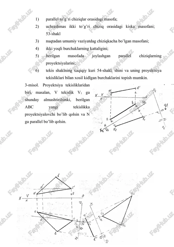 qi sifatida, odatda, proyektsiya tekisliklaridan biriga tik yoki parallel bo’lgan to’g’ri chiziq olinadi. proyektsiyalartekisligiga perpendikulyar o’q atrofida aylantirish a nuqtani v tekislikka perpendikulyar o’q mm atrofida aylantirish tasvirlangan. nuqta o’q atrofida radiusi p=ao bo’lgan aylana bo’yicha xarakat qiladi. bu aylananingtekisligi q mm, shuning uchun aylananing proyektsiyasi o’ziga teng, gorizontal proyektsiya ox proyektsiyalar o’qiga parallel to’g’ri chiziq kesmasi bo’ladi va u q tekislikning gorizontal iziga tushadi. agar a nuqta burchakka aylantirilib, yangi a vaziyatga keltirilsa uning frontal proyektsiyasi (a) ham usha burchakka aylanib, a-nuqtaga, gorizontal proyektsiyasi esa a-dan a1 nuqtaga keladi. shaklning pastida a nuqta proyektsiyalarining epyurada xarakat qilishi kursatilgan. umumiy vaziyatdagi to’g’ri chiziqni xususiy vaziyatga keltirish shakda umumiy vaziyatdagi ab kesmani aylatirib, n tekislikka parallel vaziyatga keltirish tasvirlangan. aylantirish o’qi a nuqtadan o’tadigan va y tekislikka perpendikulyar qilib olingan. kesma n ga parallel vaziyatga kelganda uning frontal proyektsiyasi ox ga parallel bo’ladi. shuning uchun, kesmaning frontal proyektsiyasini a atrofida ab …