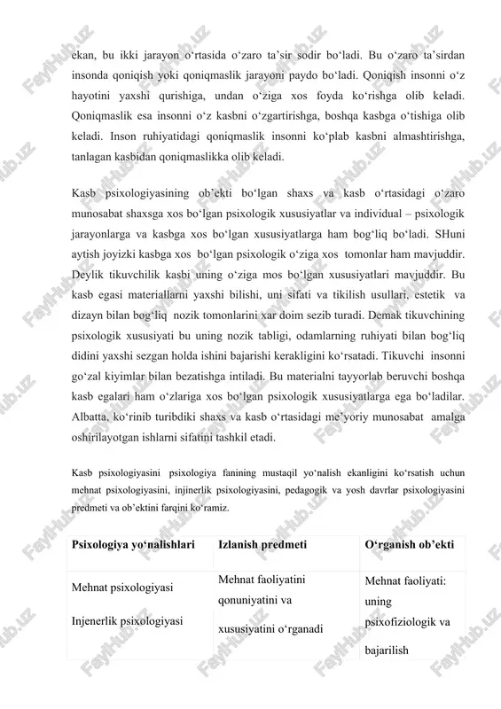 ni kasb tanlashlariga yo‘nalishlar berish mehnat psixologiyasiga, injinerlik psixologiyasiga o‘z yordamini beradi. kasb psixologiyasining o‘rganish predmeti shaxsga xos bo‘lgan psixologik xususiyatlardan kelib chiqib kasbga insonni qiziqishini, bu kasbni egallash balan bog‘liq bo‘lgan ehtiyojlar va manfaatlarni, maqsad va intilishlarini o‘ganadi. xar bir inson o‘ziga yarasha individual ekanligini undagi psixologik xususiyatlar o‘ziga xos jarayon ekanligini o‘rganib boradi. deylik ayrim yoshlar kasbni tez o‘rgansa ayrimlari unchalik diqqat qilmaganligi, e’tiborsizligi tufayli kasbni o‘rgana olmasligini ko‘rish mumkin. ayrim yoshlar nazariy jihatidan tez o‘zlashtirsalar ayrimlari amaliyotda tez va yaxshi o‘zlashtirib boradilar. kasb tanlashda xam ayrimlar o‘z maqsadlarini yaxshi anglamaganligi tufayli kasb tanlay olmaydi. ayrimlarga qaysi kasb bo‘lsa ham barbir, ular kasblarni yaxshi bilmaydilar. insoniyat tarixi kanchalik kadimiy bulsa, insoniy munosabatlar,shaxslararo ijtimoiy munosabatlar masalasi xam shu darajada kuxna va xamisha dolzarbdir. inson tafakkuri va uning akl idrokiga xos bulgan muxim xususiyatlardan biri shuki, uning tarakiyoti eng avvalo, kishilik jamiyatidagi uzaro munosabatlarni kay darajada mukammalligiga xamda insoniyligiga boglik. …