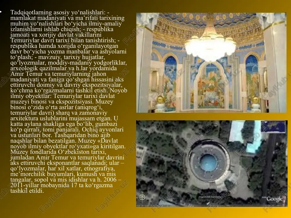 di. muzey ochilganidan beri uning eksponantlarini 1 6500 00 dan ortiq odam tomosha qilishga muvaffaq bo‘lgan. mana shu yillar mobaynida muzeyga turli mamlakatlarning 680 ta rasmiy delegatsiyalari tashrif buyurishgan. fundamental tadqiqotlarning eng muhim natijalari: 2007-yilda “temuriylar davri renessansi” fundamental loyihasi bo‘yicha ish yakunlandi. mazkur loyiha natijalari monografiya shaklida nashrga tayyorlandi. uning natijalari shuningdek “amir temur va temuriylar davri: yangi tadqiqotlar” (2004-y.), “temuriylar davlati va rennesans” (2006-y.) mavzularidagi respublika ilmiy konferensiyalari materiallari, 30 dan ziyod ilmiy maqolalar, «amir temur – klavixo - samarqand» bukletida aks etgan va “temuriylar davri tarixi davlat muzeyi” multimediasida ilmiy muomalaga kiritilgan. «temuriylar davri madaniyati yodgorliklari» (toshkent: o‘zmu tarix fakulteti minitipografiyasi, 2003-y., shartli nashr l.6,75), “amir temur va temuriylar davri: yangi tadqiqotlar” (toshkent: «fan va texnologiya» nashriyoti, 2005-y., 13 p.l.), «temuriylar imperiyasida davlatchilik va renessans» (toshkent: «aloqa print» tipografiyasi, 2008-y., shartli nashr l.14) to‘plamlari chop etildi. olingan natijalar temuriylar davrida fan va madaniyatning rivojlanish tarixini o‘rganish bilan …