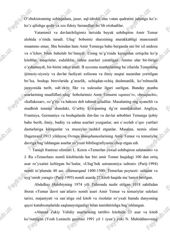 bo’lsalar, «ulug’bek astranomiya sultoni» (parij-1994) nomli to’plamda 40 asr, «samarqand 1400-1500: temerlan poytaxti: saltanat va uyg’onish yuragi» (parij-1995) nomli asarda 27 kitob haqida ma`lumot berilgan. abdulhay habibiyning 1974 yili tehronda nashr etilgan 1018 sahifadan iborat «temur davri san`atlari» nomli asari amir temur va temuriylar sulolasi tarixi, majaniyati va san`atiga oid kitob va risolalar ro’yxati hamda dunyoning qaysi kutubxonalarida saqlanayotganligi bilan tanishtirishga bag’ishlangan. «ahmad zakiy validiy asarlarining tartibi» kitobida 23 asar va kitob ko’rsatilgan (yosh leninchi gazetasi 1991 yil 1 iyun’) yoki n. muhiddinovning «temuriylar tarixi-xalqimiz tarixi» maqolasida temuriylar sulolasi to’g’risidagi 44 dan ortiq manba, asarlar ro’yxati berilgan (fan va turmush 1992 yil 11-12 sonlar). akademik b. ahmedovning «tarixdan saboqlar» va «amir temur» asarlarida sohibqiron va temuriylar sulolasi haqida ko’pgina tarixiy hamda hozirgi zamonda chop etilgan kitoblar tahlil berilgan. rus sharqshunoslari ham xix asrning ii-yarmidan amir temur shaxsini o’rganishga astoydil kirishganlar. eng avvalo bir qancha xorijiy davlatlarda chiqqan asrrlar rus tiliga …