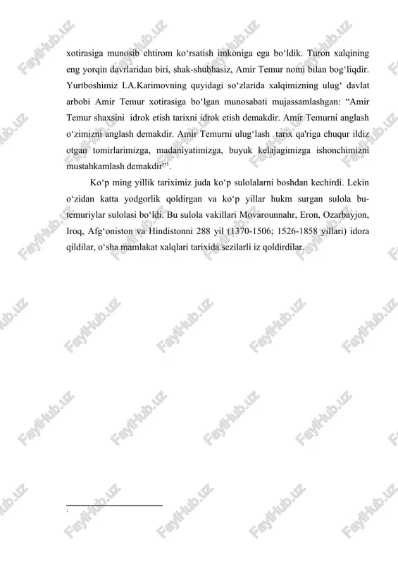 n seshanba) dunyoga kelgan. uning otasi tarag‘ay bahodir qashqadaryo vodiysidagi barlos urug‘ining boshlig‘i bo‘lib, xoja ilg‘or qishlog‘idan edi. onasi esa takina moh begim bo‘lgan. amir muhammad tarag‘ay avvalo komil musulmon va bahodir jangchi bo‘lgan. u o‘z zamonasining obro‘li, e'tiborli, ziyoli o‘ziga to‘q shaxslaridan bo‘lgani uchun temur yoshligida oilasida yaxshi ta'lim va tarbiya ko‘rgan. ko‘pchilik adabiyotlarda ataylab uni “savodsiz”, faqat “qonxo‘r”, “zolim” shoh sifatida tasvirlanishi haqiqatga to‘g‘ri kelmaydi[footnoteref:2]. [2: 11 yakubovskiy a. temur. voprosi istorii. 1946. № 8-9. s. 42-74.] amir temur 12 yoshidan boshlab bolalarga xos bo‘lgan ermak o‘yinlardan voz kechib, sipohiylikka oid o‘yinlar bilan shug‘ullandi. temur 16-18 yoshida qilichbozlik, nayzabozlik va shikor qilish san'atini mohirona egallaydi va 20 yoshida esa abjir chavandoz bo‘lib yetishadi. endi u o‘z tengqurlarini guruhlarga bo‘lib, jang mashqlarini o‘tkaza boshlaydi.[footnoteref:3] [3: 11 fayziev t. temuriylar shajarasi. toshkent, 1995. 14-15 b.] amir temurning amakisi hoji barlos kesh shahrining hokimi edi. temur yoshligidanoq harbiy mahoratga ega shaxs …