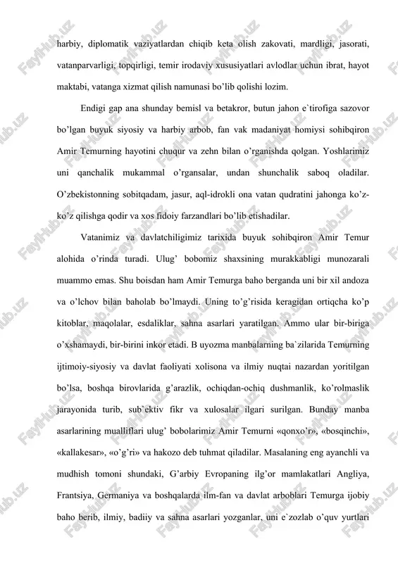 lar, «ulug’bek astranomiya sultoni» (parij-1994) nomli to’plamda 40 asr, «samarqand 1400-1500: temerlan poytaxti: saltanat va uyg’onish yuragi» (parij-1995) nomli asarda 27 kitob haqida ma`lumot berilgan. abdulhay habibiyning 1974 yili tehronda nashr etilgan 1018 sahifadan iborat «temur davri san`atlari» nomli asari amir temur va temuriylar sulolasi tarixi, majaniyati va san`atiga oid kitob va risolalar ro’yxati hamda dunyoning qaysi kutubxonalarida saqlanayotganligi bilan tanishtirishga bag’ishlangan. «ahmad zakiy validiy asarlarining tartibi» kitobida 23 asar va kitob ko’rsatilgan (yosh leninchi gazetasi 1991 yil 1 iyun’) yoki n. muhiddinovning «temuriylar tarixi-xalqimiz tarixi» maqolasida temuriylar sulolasi to’g’risidagi 44 dan ortiq manba, asarlar ro’yxati berilgan (fan va turmush 1992 yil 11-12 sonlar). akademik b. ahmedovning «tarixdan saboqlar» va «amir temur» asarlarida sohibqiron va temuriylar sulolasi haqida ko’pgina tarixiy hamda hozirgi zamonda chop etilgan kitoblar tahlil berilgan. rus sharqshunoslari ham xix asrning ii-yarmidan amir temur shaxsini o’rganishga astoydil kirishganlar. eng avvalo bir qancha xorijiy davlatlarda chiqqan asrrlar rus tiliga …