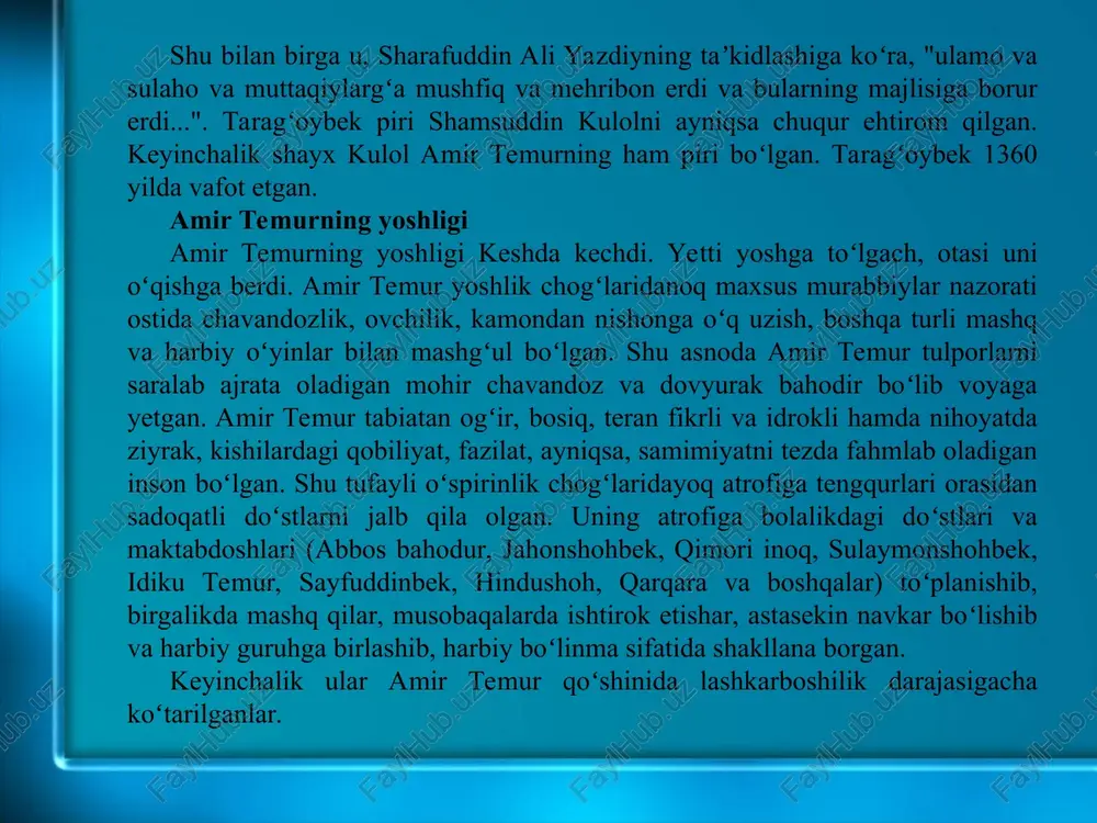 mir va noʻyonlari bilan kengash oʻtkazadi. koʻpchilikning xohish va ixtiyori bilan, oʻsha davr qonun-qoidalariga koʻra, chingiziylar avlodidan boʻlgan suyurgʻatmish oʻgʻlon movarounnahr podsholigi taxtiga oʻtqazildi. amir temur qoʻshini to balxga yetib borgunicha, unga yoʻl-yoʻlakay yangi-yangi kuchlar kelib qoʻshildi. shu asnoda amir husaynni koʻpchilik amirlari tark etdilar. jangda amir husayn qoʻshinlari yengildi, ikki kunlik qamaldan soʻng , 1370 yilning 10 apr.da balx sh. amir temurga taslim boʻldi. amir husayn asir olinib, qatl etildi. oq oʻrda bilan jang temurning oltin oʻrdaga qarshi 1391 yildagi yurishi temurning oltin oʻrdaga qarshi 1395 yildagi yurishi amir temur movarounnahrni moʻgʻullar hukmronligidan ozod etib, bu qad. mamlakatda mustaqil davlat barpo etgan boʻlsada, hali mamlakatda barqaror tinchlik oʻrnatilgan emas edi. bir tomondan ayrim viloyat hokimlari amir temur hakimiyatini tan olishdan bosh tortib turgan boʻlsalar, ikkinchi tomondan mamlakatning sharqiy va shim. hududlari notinch edi. moʻgʻuliston bilan oq oʻrda hukmdorlari fargʻona vodiysining sharqi, oʻtror, yassi (turkiston) va sayram sh.lariga xavf solib, …