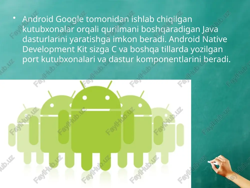 llari kabi resurslarga kirish; notification manager - holat satriga kirish; activity manager - faol dasturlarni boshqarish. android uchun ilovalarni ishlab chiqish java tilida (java 1.5 dan past bo'lmagan) amalga oshirilishi mumkin. eclipse uchun plagin mavjud - android development tools (adt), eclipse 3.3-3.7 versiyalari uchun mo'ljallangan. intellij idea uchun plagin ham mavjud bo'lib, u android ilovalarini rivojlantirishga yordam beradi va netbeans 7.0 versiyasidan boshlab, netbeans ide ishlab chiqish muhiti uchun hali rasmiy bo'lmagan bo'lsa-da, eksperimental bo'lishni to'xtatdi. bundan tashqari, android uchun motodev studiyasi - eclipse-ga asoslangan keng qamrovli rivojlanish muhiti, siz to'g'ridan-to'g'ri google sdk bilan ishlashingiz mumkin. androidning ustunliklari ochiqlik, undan foydali vazifalarni amalga oshirish uchun. internetga ulanmasdan dasturlarni o'rnatish. turli apparat tizimlari uchun mavjudligi. muqobil dastur do'konlar mavjudligi. ko'p foydalanuvchi qo'llab-quvvatlashi (android3 bilan). muqobil dasturiy ta'minotning mavjudligi. android operatsion tizimining nuqsonlari ba'zi android qurilmalarda kompaniya serverlarida identifikatsiya ma'lumotlarini uzatish imkoniyatini beruvchi google xizmatlari mavjud, masalan, foydalanuvchining haqiqiy harakati haqida ma'lumot. …