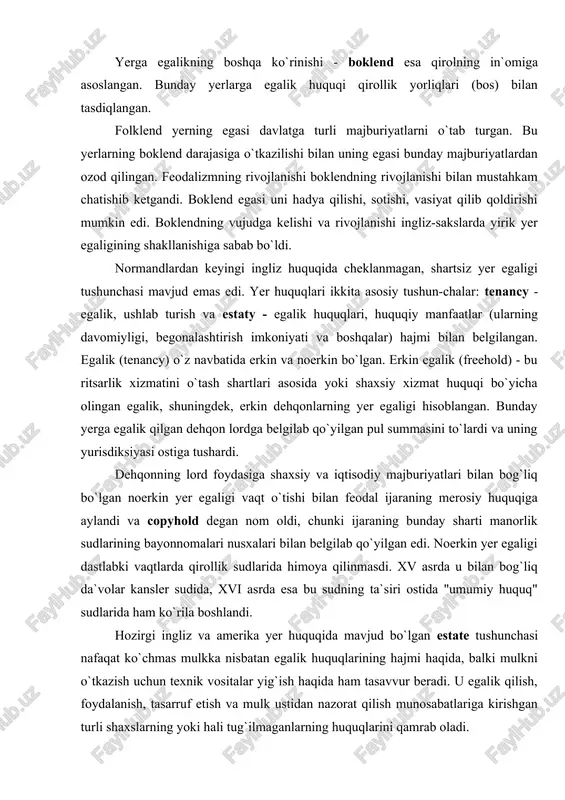 faqat ko`chmas mulkka nisbatan egalik huquqlarining hajmi haqida, balki mulkni o`tkazish uchun texnik vositalar yig`ish haqida ham tasavvur beradi. u egalik qilish, foydalanish, tasarruf etish va mulk ustidan nazorat qilish munosabatlariga kirishgan turli shaxslarning yoki hali tug`ilmaganlarning huquqlarini qamrab oladi. bu tushuncha tarixan shakllanib borgan. ingliz o`rta asr huquqining butun rivoji feodallarning xizmat majburiyatlari munosabati bilan ko`p sonli cheklashlar yuklatilgan yerlarni erkin tasarruf etish huquqi uchun kurashlari bilan bog`liq edi. 1290 yilgi "quia emptores"[footnoteref:1]74 statuti bo`yicha lordlarning yerlarni sotish huquqi tan olingandi. bunda lordning barcha xizmat majburiyatlari ham yerning yangi egasiga o`tkazilardi. mazkur statut, shuningdek, 1279 yilda chiqarilgan va yerlarni cherkovning "o`lik qo`llariga" sotish va boshqacha tarzda o`tkazilishini taqiqlagan statutning mazmunini ham tasdiqlaydi. yerning bunday tarzda o`tkazilishi uni feodal oborotdan to`liq chiqarilishiga olib kelgan, chunki ilgarigi lord ham, qirol ham, lordning merosxo`ri bo`lmagan holda, uni qaytarilishiga umid qila olmagan. [1: ] feodallarning yerga egalik huquqlarining yanada kengayishi angliya feodal huquqida …