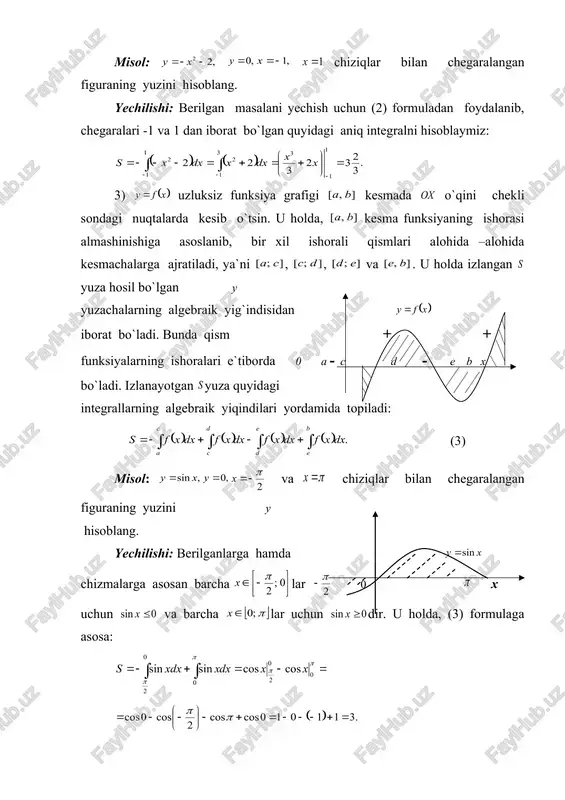 tdir. bunda - spiral qadami, ya`ni . (11) formulaga asosan egri chiziq va spiral qadami bilan chegaralangan figuraning yuzi quyidagi formula yoramida hisoblanadi: (13) kardioidaning yuzi - kardioda bilan chegaralangan yuzani hisoblash talaba qilinsin. ma`lumki, kardoida qutb o`qiga nisbatan simmetrik. shuning uchun uning yuqori qismi 0 2a a x yuzasini topib, natija ikkilantirilsa, yetarli bo`ladi. u holda, (14) bundan, (15) , hamda ekanligini hisobga olsak, (15) quyidagidan iborat bo`ladi: (16) demak, kardioidaning yuzi ekan. mustaqil yechish uchun mashqlar №37. va parabolalar bilan chegaralangan figuraning yuzini toping. №38. giperbola va , , to`g`ri chiziqlar bilan chegaralangan figuraning yuzini toping. №39. o`q hamda parabola bilan chegaralangan figura yuzini toping. №40. va absissalar o`qi bilan chegaralangan figura yuzni hisoblang. №41. o`q va parabola bilan chegaralangan figura yuzini toping. №42. parabola va to`g`ri chiziq bilan chegaralangan yuzani toping. №43. egri chiziq va to`g`ri chiziqlar bilan chegaralangan yuzani hisoblang. №44. va parabolalar bilan chegaralangan yuzani …