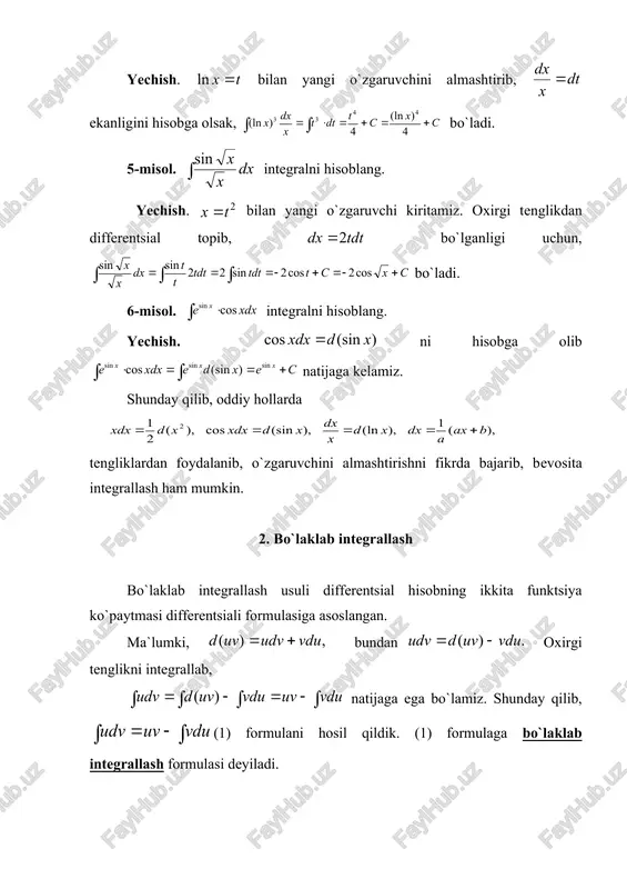 qilamiz). 4-misol. integralni hisoblang. yechish. bu integralda bir marta bo`laklab integrallagandan keyingi hosil bo`lgan integralda o`zgaruvchini almashtirish usulidan foydalanib integralladik. integrallash usullarini qo`llashda o`zgaruvchini almashtirganda yoki bo`laklab integrallaganda yozuvda tartib bo`lishi uchun yuqoridagi integralni hisoblangandagidek yozishga odat qilishni tavsiya etiladi. 5-misol. integralni hisoblang. yechish. bo`laklab integrallasak hosil bo`ladi. keyingi integral, berilgan integral bilan o`xshashdek tuyuladi, lekin oxirgi integralda bo`laklab integrallash formulasini ikkinchi marta qo`llash bilan quyidagiga ega bo`lamiz: shshunday qilib, hisoblanishi kerak bo`lgan integralga nisbatan oddiy chiziqli tenglamaga keldik. oxirgi tenglamadan natijaga ega bo`lamiz. yassi figuralarning yuzini hisoblash yassi figuralarning yuzini hisoblashda aniq integralni qo`llashning bir necha hollari mavjud. bunda chegara funksiyalarining joylashuv vaziyatlari muhim ahamiyatga ega. ba`zi hollarini ko`rib o`tamiz. 1)agar funksiya o`qining yuqori (manfiy bo`lmagan) qismida joylashgan hamda uzluksiz bo`lib, va to`g`ri chiziq kesmalari bilan chegaralangan bo`lsa, hosil bo`lgan egri chiziqli trapesiya yuzi y yoki (1) b formula yordamida topiladi. a s 0 a b x misol: chiziqlar …