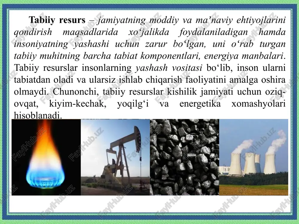 huquqi uchun kurashadi. resurslarning strategik ahamiyati: muayyan resurslarning (masalan, neft va gaz) global iqtisodiyotdagi o'rni ularni geosiyosiy qarama-qarshiliklarning markaziga aylantiradi. resurs diplomatiyasi: resurs eksportchisi va importchisi davlatlar o'rtasidagi munosabatlar resurslardan strategik vosita sifatida foydalanishni o'z ichiga oladi. hozirgi zamon resurs geosiyosati energiyani qurollantirish: energiya eksport qiluvchi davlatlar o'z resurslarini geosiyosiy vosita sifatida ishlatmoqda (masalan, rossiyaning gaz siyosati yevropa ittifoqiga nisbatan). suv resurslari muammosi: xalqaro suv havzalari ustidan nazorat mintaqaviy ziddiyatlarni keltirib chiqarmoqda (misol uchun, nil, amudaryo va sir daryolari). yangi resurslar uchun raqobat: qishloq xo'jaligi yerlari, nodir minerallar va suv osti boyliklari uchun raqobat kuchaymoqda. arktika hududi buning yorqin misoli. yashil energiyaga o‘tish: qayta tiklanadigan energiya manbalari va muhim texnologik resurslar (masalan, lityum, kobalt) strategik resurslar sifatida namoyon bo‘lmoqda. bugungi kunda eng muhim mineral resurs bu - neftdir. u haqli ravishda "qora oltin" deb ataladi, buning uchun katta urushlar olib borilgan (va hozir ham davom etmoqda). qoida tariqasida, neft tabiiy …