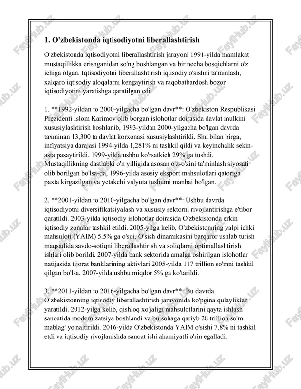 iqtisodiyotida va aholining oziq-ovqat xavfsizligini ta’minlashda juda muhim ahamiyat kasb etadi. o‘zbekiston qishloq xo‘jaligi hamida amalga oshirilayotgan islohotlar va ularning natijalari haqida quyidagi raqamlarni keltirib o‘tmoqchiman. o‘zbekiston respublikasi mustaqillikka erishgandan so‘ng qishloq xo‘jaligida keng ko‘lamli islohotlar boshlandi. 1990-yillarda boshlang‘ich islohotlar yerlarni xususiylashtirish va kooperativlashtirish yo‘nalishida amalga oshirildi. 2000-yillarga kelib, paxta va g‘alla kabi strategik ekinlaridan hosil olishning barqaror o‘sishiga erishish ko‘zlandi. 2017 yildan boshlab, qishloq xo‘jaligida jadal islohotlar davri boshlandi. o‘zbekiston hukumati qishloq xo‘jaligida samaradorlikni oshirish va eksportni rivojlantirishga qaratilgan keng ko‘lamli strategiyalarni amalga oshirdi. o‘zbekistonning umumiy yer maydoni 44.9 million gektarni tashkil qiladi, shundan 4.3 million gektar sug‘oriladigan ekin maydonlariga to‘g‘ri keladi. 2020 yilgi ma’lumotlarga ko‘ra, qishloq xo‘jaligi mahsulotlari ishlab chiqarish hajmi yalpi ichki mahsulot (yaim)ning taxminan 30 foizini tashkil etdi. shu bilan birga, 3.6 milliondan ortiq odam qishloq xo'jaligi sektorida band bo‘lib, bu esa mamlakatda ish o‘rinlari sonining 27 foiziga tengdir. 2017 yilda qabul qilingan "o‘zbekiston qishloq xo‘jaligini …