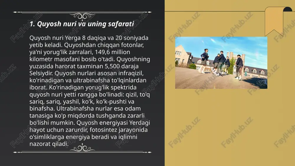 boshqa zarrachalarning mavjudligiga bog'liq. bunday ko'rinishlar aksariyat yirik shaharlar atrofida ko'proq kuzatiladi, sababi shu hududlarda aerozollar ko'proq. atmosferadagi yoki vulqon otilishlaridan keyingi kükürt dioksidining ko'payishi ham bu rang-baranglikka ta'sir ko'rsatishi mumkin. bundan tashqari, geografik yiriklik va atmosfera sharoitlari ham o'z rolini o'ynaydi. ... t.me/slaydai_bot 7. atmosferadagi yorug'lik sinishi atmosferadagi yorug'lik sinishi hodisasi yorug'lik nurlarining atmosfera qatlamlari orqali o'tayotganda yo'nalishini o'zgartirishi bilan bog'liq. bu hodisa yorug'lik nurlarining havo zichligi turlicha bo'lgan qatlamlardan o'tishi natijasida yuzaga keladi. yorug'lik sinishining misoli sifatida quyosh botganda va chiqayotganida uning manzarasi haqiqiy joylashuviga nisbatan biroz pasaygan yoki ko'tarilgan holda ko'rinishi mumkin. atmosferadagi sinish tufayli quyoshning chiqishi va botishi taxminan 2 daqiqa uzayadi. sinish koeffitsiyenti havo harorati, bosimi va zichligiga bog'liq bo'lib, bu omillar vaqt o'tishi bilan o'zgarishi mumkin. ... t.me/slaydai_bot oy yorug‘ligi quyoshning oy sirtiga tushib, aks etgan nurlari natijasida hosil bo‘ladi. aysiz kunlarda oy yorug‘ligi yerga yetib kelmaydi, chunki oy yarim oy yoki yangi oy …