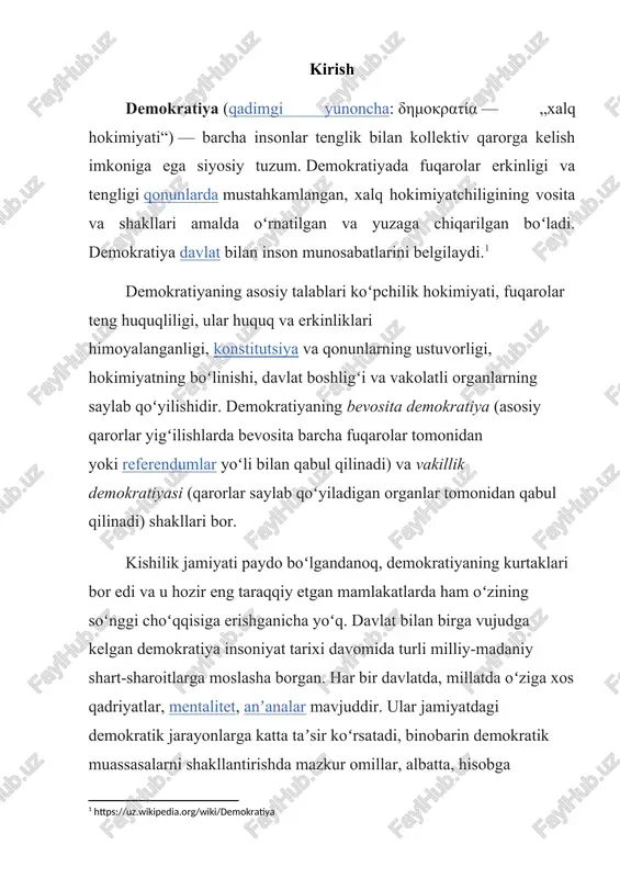 him bosqichlaridir. garchi bu usul har qanday ijtimoiy institutlarga taalluqli bo‘lsa-da, bugungi kunda uning eng muhim qo‘llanilishi davlatdir, chunki u katta kuchga ega. ideal demokratiyaga erishish qiyin va turli xil talqinlarga bo‘ysunganligi sababli, ko‘plab amaliy modellar taklif qilingan. xviii asrga qadar eng taniqli model to‘g‘ridan-to‘g‘ri demokratiya edi, bu yerda fuqarolar siyosiy qarorlarni to‘g‘ridanto‘g‘ri qabul qilish huquqidan, konsensusga erishish yoki ozchilikni ko‘pchilikka bo‘ysundirish tartib-qoidalari orqali foydalanadilar. vakillik demokratiyasida fuqarolar xuddi shu huquqni o‘zlari saylangan deputatlar va boshqa mansabdor shaxslar orqali o‘z huquqlarining bir qismini ularga berish orqali amalga oshiradilar, saylangan rahbarlar esa rahbarlarning afzalliklarini hisobga olgan holda qarorlar qabul qiladilar va ularning harakatlari uchun javobgardirlar. zamonaviy demokratiyaning asosiy maqsadlaridan biri o‘zboshimchalik va hokimiyatni suiiste’mol qilishni cheklashdir. inson huquqlari va boshqa demokratik qadriyatlar umume’tirof etilmagan yoki huquqiy tizimdan samarali himoyalanmagan joylarda bu maqsadga ko‘pincha erishilmadi. bugungi kunda ko‘plab mamlakatlarda demokratiya liberal demokratiya bilan ajralib turadi, u oliy hokimiyatga ega bo‘lgan shaxslarning adolatli, …