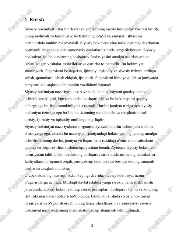 arolar unga ishonmasa, bu davlatning barqarorligiga tahdid soladi. · markazlashganlik: siyosiy hokimiyat ko‘pincha davlatning markaziy organlari orqali amalga oshiriladi. bu davlat organlari davlat rahbari (prezident), hukumat, parlament va sud tizimidan iboratdir. biroq, ayrim davlatlarda hokimiyatning decentralizatsiyasi ham ko‘rinish olgan bo‘lib, bu jarayon mahalliy hokimiyat organlariga keng vakolatlar berish orqali amalga oshiriladi. · majburiyat va boshqaruv: siyosiy hokimiyat o‘z fuqarolarini faqat o‘z ixtiyorida bo‘lgan yuridik, iqtisodiy va ma'naviy vositalar orqali boshqaradi. bu boshqaruv jarayonida fuqarolar davlat organlari tomonidan chiqarilgan qarorlar, qonunlar va boshqaruv choralari bilan majbur qilinadi. siyosiy hokimiyatning eng asosiy xususiyati — bu davlat tomonidan boshqarilgan jamiyatdagi ijtimoiy tartibni saqlash va jamiyatdagi nizolarni hal qilishdir. · to‘g‘ridan-to‘g‘ri va bilvosita ta’sir: siyosiy hokimiyatning eng muhim jihatlaridan biri shundaki, u nafaqat davlat organlari tomonidan to‘g‘ridan-to‘g‘ri amalga oshiriladi, balki bu hokimiyat o‘z fuqarolariga bilvosita tarzda ham ta’sir ko‘rsatishi mumkin. masalan, davlatning iqtisodiy siyosati, ijtimoiy tashabbuslar yoki ta'lim va madaniyatga oid siyosiy qarorlar, jamiyatning …