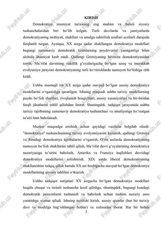 sos bo‘ldi. o‘rta asrlarda, garchi monarxik va teokratik boshqaruv ustunlik qilgan bo‘lsa-da, demokratiya g‘oyalari yashab qoldi. masalan, 1215 yilda qabul qilingan magna charta (buyuk britaniyada) qirol hokimiyatini cheklash va zodagonlar huquqlarini kafolatlash orqali fuqarolik erkinliklariga yo‘l ochdi. yangi davrda, ayniqsa xvii–xviii asrlarda, demokratiya nazariyasi jon lokk, sharl monteskye, jan-jak ruso kabi faylasuflar tomonidan ilmiy asosda ishlab chiqildi. lokk inson huquqlari va ijtimoiy shartnoma nazariyasini ilgari surdi. monteskye hokimiyatlar bo‘linishini ta’kidladi. bu g‘oyalar aqsh konstitutsiyasi (1787) va fransuz inqilobi (1789) orqali real siyosiy tuzumlarga aylantirildi. shunday qilib, demokratiya tushunchasi qadimdan buyon rivojlanib, o‘ziga xos bosqichlarni bosib o‘tdi: qadimgi davrda — bevosita ishtirok shaklida, o‘rta asrlarda — huquqiy cheklovlar orqali, yangi davrda esa — konstitutsiyaviy va nazariy asoslarda. bu jarayonlar zamonaviy demokratik davlatlar uchun mustahkam poydevor bo‘lib xizmat qilmoqda. 1.1 demokratiya atamasining etimalogiyasi va uning nazariy asoslari demokratiyaning nazariy asoslari qadimgi yunon faylasuflari platon, aristotel va sokrat qarashlarida ko‘zga tashlanadi. platon demokratiyani …