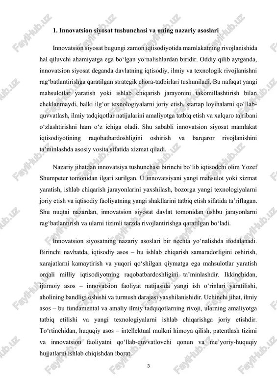 y asos – bu fundamental va amaliy ilmiy tadqiqotlarning rivoji, ularning amaliyotga tatbiq etilishi va yangi texnologiyalarni ishlab chiqarishga joriy etishdir. to‘rtinchidan, huquqiy asos – intellektual mulkni himoya qilish, patentlash tizimi va innovatsion faoliyatni qo‘llab-quvvatlovchi qonun va me’yoriy-huquqiy hujjatlarni ishlab chiqishdan iborat. shuni alohida ta’kidlash kerakki, innovatsion siyosat faqat iqtisodiy yoki ilmiy sohalarda emas, balki davlatning strategik rivojlanishida muhim rol o‘ynaydi. bozor mexanizmlari va davlat tartibga solishi o‘rtasidagi muvozanatni saqlash orqali innovatsion jarayonlar yanada samarali bo‘ladi. jahon tajribasi shuni ko‘rsatadiki, aqsh, germaniya, yaponiya va janubiy koreya kabi mamlakatlar davlat tomonidan qo‘llab-quvvatlangan innovatsion siyosat tufayli iqtisodiy yutuqlarga erishgan, yangi ish o‘rinlari yaratgan va milliy iqtisodiyotining raqobatbardoshligini sezilarli darajada oshirgan. umuman olganda, innovatsion siyosat mamlakatning iqtisodiy rivojlanishining strategik yo‘nalishi bo‘lib, u nafaqat ilmiy va texnologik yangiliklarni joriy etishga, balki iqtisodiy mustaqillikni ta’minlash, barqaror o‘sishni qo‘llab-quvvatlash va xalq farovonligini oshirishga xizmat qiladi. shu nuqtai nazardan, har bir mamlakatning investitsion va innovatsion siyosati bir-biri …