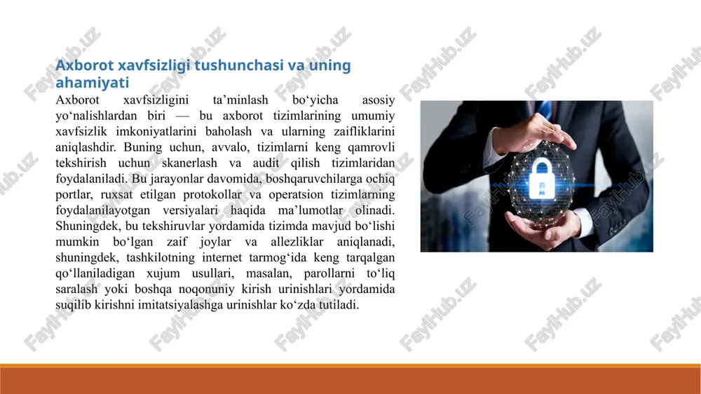 ro munosabatlarning buzilishi, shaxslarga nisbatan jinoyatlar va shaxsiy ma'lumotlarning o‘g‘irlanishi yuzaga kelishi mumkin. axborot xavfsizligidagi xavf-xatarlar va tahdidlar axborot xavfsizligiga tahdidlar juda keng spektrda bo‘lib, ular: texnologik tahdidlar (viruslar, malware, hacking hujumlari, suxbatlar bilan o‘ynash), tashqi tahdidlar (tarmoq xujumlari, ddos hujumlari), ichki xavf-xatarlar (xodimlar yoki tashqi muhiti tomonidan qasddan yoki bexosdan sodir etilgan xatoliklar) kabilardan iborat. axborot xavfsizligini ta'minlashning muhimligi axborot xavfsizligini to‘liq va ishonchli ta'minlamasdan, tashkilotlar va davlatlar uchun quyidagi oqibatlar yuzaga kelishi mumkin: moliyaviy zararlar: axborotlar o‘g‘irlanishi yoki buzilishi natijasida kompaniya yoki davlat ko‘p miqdorda zarar ko‘rishi mumkin; obro‘ va ishonchlilikning yo‘qolishi: ma'lumotlar buzilishi yoki sir saqlanmashligi uchun jamoatchilik fikri va ishonch pasayadi; muhim infratuzilmalarning buzilishi: iqtisodiyot va aholi xavfsizligi uchun muhim bo‘lgan tizimlarning buzilishi katta muammolarga olib keladi. shu bois, axborot xavfsizligini ta'minlash — bu nafaqat texnologik masala, balki strategik va huquqiy muhimlik hamdir. davlat va tashkilotlar uchun xavf-xatarlar bilan kurashish, himoyalash choralari va xavfsizlik jarayonlarini doimiy …