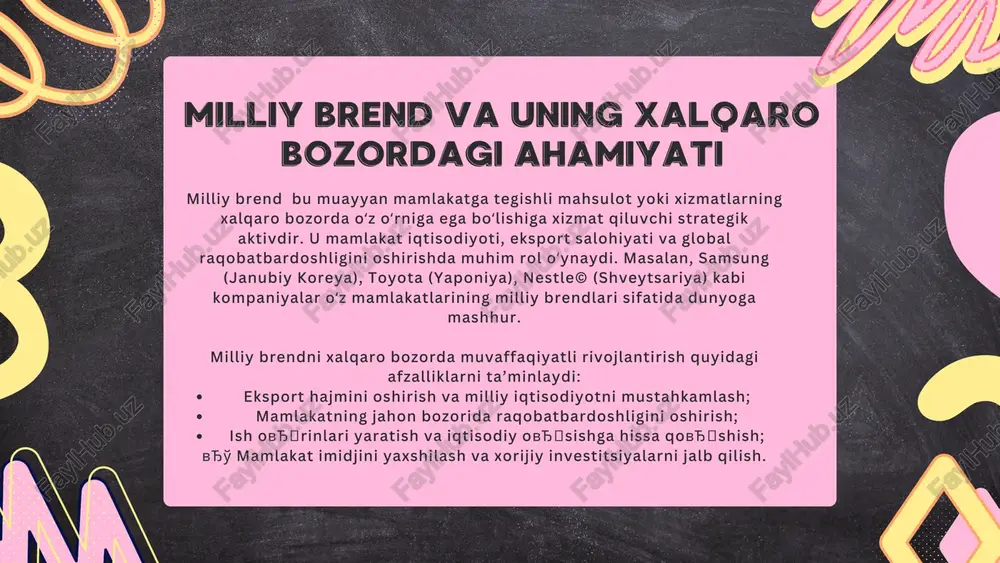 a kirish uchun mahsulot ce sertifikatiga ega bovђ�lishi shart. brendning xalqarobrendning xalqaro miqyosdagi muvaffaqiyatimiqyosdagi muvaffaqiyati quyidagi mezonlar asosidaquyidagi mezonlar asosida baholanadi:baholanadi: brendning jahon bozorida taniqliligi va marketing strategiyasi xalqaro miqyosda samarali marketing kampaniyalari olib borish; brend imidjini ijtimoiy tarmoqlar, xalqaro kovђ�rgazmalar va reklama orqali mustahkamlash; brend nomi va logotipining universal tan olinishi va ovђ�ziga xosligi. brendning xalqarobrendning xalqaro miqyosdagi muvaffaqiyatimiqyosdagi muvaffaqiyati quyidagi mezonlar asosidaquyidagi mezonlar asosida baholanadi:baholanadi: raqobatbardoshlik va innovatsion yondashuv - brend mahsulotining texnologik jihatdan takomillashganligi; mahsulot yoki xizmat narx va sifat nisbati jihatidan raqobatbardoshligi; innovatsion yondashuv va yangi texnologiyalardan foydalanish. brendning xalqarobrendning xalqaro miqyosdagi muvaffaqiyatimiqyosdagi muvaffaqiyati quyidagi mezonlar asosidaquyidagi mezonlar asosida baholanadi:baholanadi: eksport hajmi va xalqaro bozor ulushi vu - brendning eksport geografiyasini kengaytirish; turli mamlakatlarning iste’mol madaniyatiga moslashuvchanlik; xalqaro hamkorlik va franchayzing tizimining rivojlanganligi. brendning xalqarobrendning xalqaro miqyosdagi muvaffaqiyatimiqyosdagi muvaffaqiyati quyidagi mezonlar asosidaquyidagi mezonlar asosida baholanadi:baholanadi: moliyaviy barqarorlik va investitsion jozibadorlik xalqaro moliyaviy tashkilotlar tomonidan e‘tirof etilishi; …