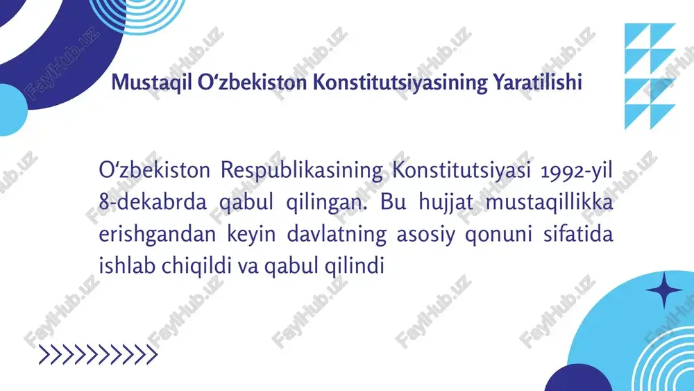 kasi konstitutsiyasining tamoyillari 6. milliy qadriyatlar va madaniy merosni himoya qilish davlat milliy qadriyatlarni, tarixiy, madaniy va an’anaviy merosni asrash va rivojlantirishni oʻz zimmasiga oladi. mustaqil oʻzbekiston konstitutsiyasining tarkibi oʻzbekiston respublikasining konstitutsiyasi muqaddima, 6 boʻlim, 27 bob, 155 moddadan iborat. 1-boʻlim (i-iv bob, 1-4-moddalar) „asosiy prinsiplar“ deb nomlangan. 2-boʻlim (v-xi bob, 19-64-moddalar) „inson va fuqarolarning asosiy huquqlari, erkinliklari va burchlari“ deb ataladi. 3-boʻlim (xii-xv bob, 65-82-moddalar) „jamiyat va shaxs“ deb ataladi. 4-boʻlim (xvi-xvii bob, 83-90-moddalar) „maʼmuriy-hududiy va davlat tuzilishi“ deb nomlangan. 5-boʻlim (xviii-xxvii bob, 91-153-moddalar) „davlat hokimiyatining tashkil etilishi“ deb nomlangan. 6-boʻlim (154-155-moddalar) „konstitutsiyaga oʻzgartirish kiritish tartibi“ deb ataladi. xulosa: shunday qilib, agar o'zbekiston mustaqilligi e'lon qilingan kundan boshlab jahon sahnasida yangi suveren davlat tuzilgan bo'lsa, birinchi konstitutsiyamiz qabul qilingan kuni davlatimiz qayta tiklandi, haqiqiy mustaqilligimizning mustahkam huquqiy asosi yaratildi. mustaqillik yillarida mamlakatimizda barcha tub islohotlar va o'zgarishlar konstitutsiyamiz asosida amalga oshirildi. bu xalqimiz manfaatlariga, davlatimizning strategik maqsadlariga toʻliq javob …