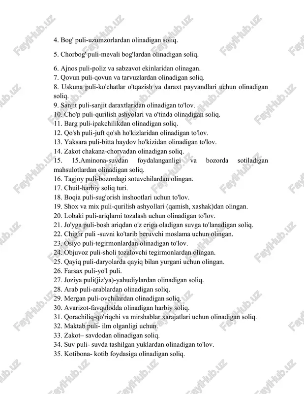 gidan 270 ming, ko'lob bekligidan 70 ming, g'uzordan 140 ming, denovdan 75 ming, karkidan 38 ming, shahrisabzdan 135 ming, sheroboddan 100 ming, sariosiyodadan 165 ming tanga zakot yig'ib olingan. 1904 yilga qadar sharqiy buxoroda zakotning miqdori tartibga solinmagan edi. 1904-yilga kelib zakotning miqdori quyidagicha qilib belgilandi: 5 ta yuk tashuvchi tuya hisobidan 1 ta qo'y, 40 ta qo'y yoki echkidan 1 ta qo'y yoki echki. qo'y yoki echkining soni 100 tagacha bo'lsa zakotning miqdori o'zgarmagan. 101 tadan 201 tagacha bo'lgan qo'y yoki echkidan 2 bosh, undan ko'p bo'lsa har 100 tasidan 1 bosh qo'y yoki echki olingan. bundan tashqari, chorvaning ikkinchi yilgi ko'payishi ham hisobga olingan va qo'shimcha zakot olingan. amirlikda to'lanishi shart bo'lgan umumiy soliqlardan tashqari har bir beklikda qo'shimcha to'lovlar ham joriy qilingan. har bir bek qo'shimcha soliqlarni o'z bilganicha belgilagan. soliq yig'uvchilar esa buxoro hukumati tomonidan joriy etilmagan to'lov va majburiyatlarni ham aholidan talab qilishgan. mansabdor shaxslar …