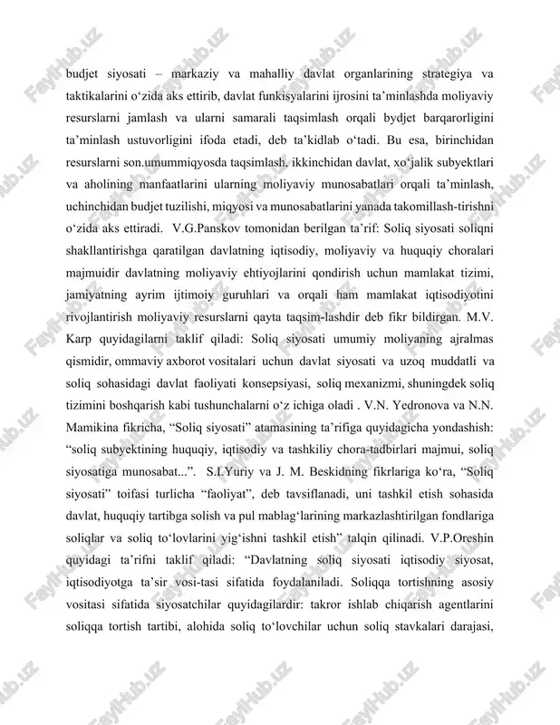 aniladi. soliqqa tortishning asosiy vositasi sifatida siyosatchilar quyidagilardir: takror ishlab chiqarish agentlarini soliqqa tortish tartibi, alohida soliq to‘lovchilar uchun soliq stavkalari darajasi, aholining ayrim guruhlari uchun soliq imtiyozlari, davlat kreditlarini olish uchun soliqlarni kechiktirish va boshqalar. bozor iqtisodiyoti sharoitida davlatning iqtisodiyotni tar- tibga solishdagi roli kuchayib, o'z oldiga qo'yilgan maqsad va vazifalarni amalga oshirishda soliq siyosati muhim vosita bolib xizmat qiladi. soliq siyosati amalda davlat boshqaru- vining boshqa unsurlari: pul-kredit siyosati, baho siyosati kabilar bilan birgalikda mamlakatning barcha ijtimoiy-iqti- sodiy sohalariga faol ta'sir etadi. davlat soliq siyosati orqali iqtisodiy rivojlanishni rag'batlantiradi yoki cheklaydi. zero birinchi prezident i.a. karimov takidlaganidek - "soliq si- yosatining vazifasi - bir tomondan, byudjet daromadining barqaror safarbarligini ta'minlashdan, ikkinchi tomondan - korxonalarni respublika uchun zarur bolgan mahsulotlar ishlab chiqarishni ko'paytirishga rag batlantirishdan ibo- rat"44. soliq siyosatining asosiy vazifasi oxir-ogibat iqtiso- diy o'sishni ta'minlashga garatilishi lozim. aynan iqtisodiy o'sishga yerishilgandagina ishlab chigarish rivojlanishiga va uning samaradorligini ta'minlashga, …