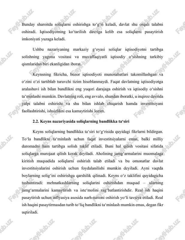 q ortadi, chunki daromad ortishi bilan jamgʻarishga intilish kuchayadi. keynsning asosiy psixologik qonuni shundan iboratki, odamlar odatda daromadlari ortishi bilan iste‘molni ham oshiradi, ammo bu oʻsish baribir daromadlar ortishi darajasida boʻlmaydi. oqibatda daromadlar oʻsishi bilan jamgʻarish ortadi va iste‘mol nisbatan kamayib boradi. yakunda esa samarali talab kamayadi va talab shunday yoʻl bilan ishlab chiqarish hajmlari hamda bandlik darajasiga ta‘sir etadi. 2.3. keyns ta’limotiga koʻra davlat bozor iqtisodiyotiga zarur keynsning fikriga koʻra, davlat bozor iqtisodiyotiga zarur. ish bilan bandlik yalpi talabga bogʻliq. pul massasi ishlab chiqarishga nisbatan xolis (yomon ham, yaxshi ham ta‘sir etmaydi). talab, ya‘ni ―samarali talab‖ taklifni paydo qiladi. asosiy muammo – ishsizlik. oʻzgaruvchan pul siyosati lozim. byudjet kamomadi – talabni ragʻbatlantirish vositasi hisoblanadi. j.keyns ―ish bilan bandlikning umumiy nazariyasi, foiz va pullar‖ (―the general theory of employment, interest, and money‖, 1936) asarida279 oʻz nazariyasining mazmun-mohiyatini bayon qiladi: iqtisodiy oʻsish pul omonatlari hajmiga bogʻliq. ish bilan toʻliq bandlik boʻlmasa, …