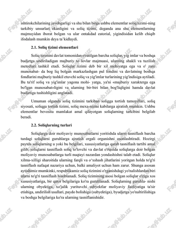 iyaviy munosabatlarni yoritishda ularni tasniflash barcha turdagi soliqlarni guruhlarga ajratish orgali organishni osonlashtiradi. hozirgi paytda soliqlarning u yoki bu belgilari, xususiyatlariga qarab tasniflash tartibi amal gilib, soliqlarni tasniflash soliq to'lovchi va davlat o'rtasida soliqlarga doir bolgan moliyaviy munosabatlarga turli nuqtayi nazardan yondashishni talab etadi. soliqlar xilma-xilligi sharoitida ularning farqli va oʻxshash jihatlarini yoritgan holda to'g'ri tasniflash nafaqat nazariya uchun, balki amaliyot uchun ham zarur. shunga asosan aytishimiz mumkinki, respublikamiz soliq tizimini o'rganishdagi yo'nalishlardan biri ularni to'g'ri tasniflash hisoblanadi. soliq tizimining asosi bolgan soliqlar o'ziga xos xususiyatlariga, bir qator belgilariga ko'ra guruhlanadi. soliqlarning guruhla- nishi ularning obyektiga, xo'jalik yurituvchi subyektlar moliyaviy faoliyatiga ta'sir etishiga, undirilish usullari, paydo bolishiga (subyektiga), byudjetga yo'naltirilishiga va boshga belgilariga ko'ra ularning tasniflanishidir. soliqlarni bunday tartibda guruhlarga ajratishdan maqsad ularni taqsimlash tamoyillarini belgilashda, ularning so-liq funksiya va vazifalarini qay darajada bajarayotganligini baholashda, umuman olganda davlat byudjetini doimiy ra- vishda va muntazam daromadlar bilan ta'minlashda, shuningdek, xo'jalik yurituchi …