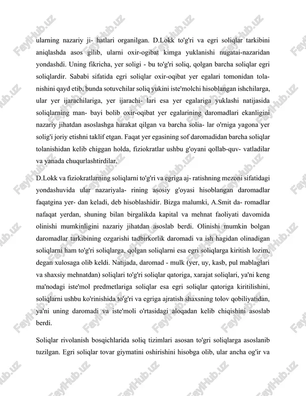 iqishini asoslab berdi. soliqlar rivolanish bosqichlarida soliq tizimlari asosan to'gri soliqlarga asoslanib tuzilgan. egri soliqlar tovar giymatini oshirishini hisobga olib, ular ancha og'ir va xalq ahvoliga salbiy ta'sir giladi, deb hisoblangan. shunga gara- masdan o'rta aslarda egri soliqlarga ustuvorlik berilib, aso- san iste'mol uchun birlamchi bolgan tovarlarga nisbatan qollanilgan (masalan, tuzga soliq). egri soliqlarga nisbatan ilk yondashuvga muvofiq egri soliqlar soliq to'lovchilar moliyaviy ahvolini yomonlashtirganligi uchun ularni keng joriy etish maqsadga muvofig emas, deb hisoblangan. o'rta asrlar oxirlarida paydo bolgan ushbu nazariyaga ikkinchi yondashuv esa, aksincha, egri soliqlarni joriy qilinishi zarurligini asoslab berdi. egri soliqlar yordamida soliqga tortishning teng sharoitlarini ta'minlash taklif etilib, boy tabaqa vakillari soliqlar boyicha turli xil imtiyozlarga ega bolganligi sababli ular oladigan daromadlar soliqga tortilmay qolishini e'tirof etilgan holda, egri soliqqa tortish tarafdorlari soliqlarni tovar narxiga ustama shaklida belgila- nishini yoqlab chiqadilar. hattoki, a.smit va d.rikardolar ham egri soliqga tortish tarafdorlari hisoblanishgan, ular uni ixtiyoriylik g'oyasi …