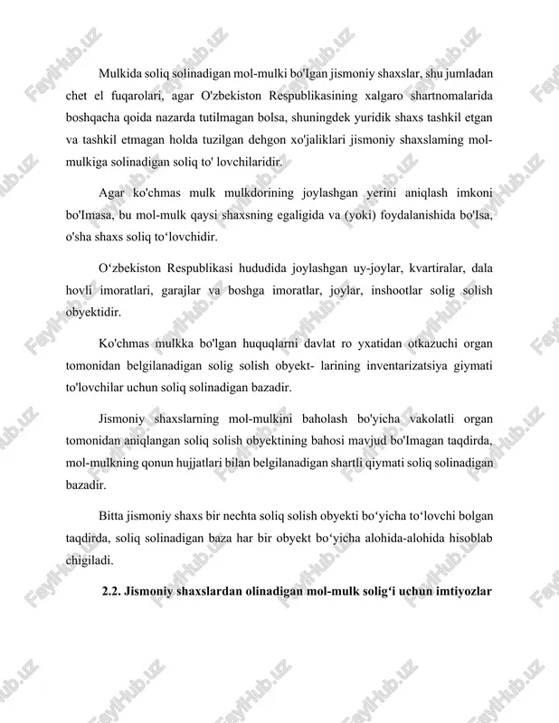 bo limning ma' lumotnomasi asosida beriladi; 2) urush nogironlari va qatnashchilari, shuningdek doirasi qo- nun hujjatlari bilan belgilanuvchi ularga tenglashtirilgan shaxslar. mazkur imtiyoz urush nogironining (gatnashchisining) tegishli guvohnomasi yoki mudofaa ishlari bo yicha bo'limning yoxud boshga vakolatli organning ma'lumotnomasi asosida, boshga nogironlarga (qatnashchilarga) nogironning (qatnashchining) imti- yozlarga bo'lgan huquqi to'g'risidagi guvohnoma asosida beriladi; 3) 10 nafar va undan ortiq bolalari bor ayollaring mol-mulkiga. mazkur imtiyozni berish uchun fuqarolaming oʻzini-oʻzi boshqarish organining bolalari borligini tasdiqlovchi ma'lumotnomasi asos boʻladi; 5) pensionerlaming mol-mulkiga. mazkur imtiyoz pensiya guvohnomasi asosida beriladi; 6) i va il guruh nogironlarining mol-mulkiga. mazkur imtiyoz pensiya guvohnomasi yoki tibbiy-mehnat ekspert komissiyasining ma'lumotnomasi asosida beriladi; 7) sobiq sssrni, o'zbekiston respublikasining konstitutsiyaviy tuzumini himoya qilish yoki harbiy xizmatning yoxud ichki ishlar organlaridagi xizmatning boshqa majburiyatlarini bajarish chog'ida yaralanganligi, kontuziya bo'ganligi yoki shikastlan- ganligi oqibatida yoxud frontda bo'lish bilan bog'liq kasallik tufayli halok bo'igan harbiy xizmatchilarning hamda ichki ishlar organlari xodimlarining ota-onalari va …
