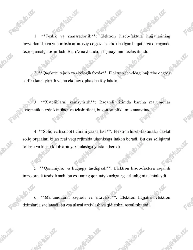 ektron hisob-fakturalar ko‘plab davlatlarda, shu jumladan, o‘zbekistonda, xalqaro moliyaviy va soliq standartlariga mos ravishda joriy etilmoqda, bu esa mamlakatning biznes muhitini yaxshilaydi. shu tarzda, elektron hisob-fakturalar biznes jarayonlarini soddalashtirish, shaffoflikni oshirish va soliq tizimini samarali boshqarish imkonini beradi. 2.2. elektron schot fakturalarini joriy qilishning amaliyoti elektron schot fakturalarini joriy qilish — bu hozirgi kunda ko'plab davlatlar va kompaniyalar tomonidan amalga oshirilayotgan zamonaviy jarayon bo'lib, bu usul biznes va soliq tizimlarini yanada shaffof va samarali qilishga yordam beradi. elektron schot fakturalari, ya'ni elektron fakturalar, an'anaviy qog'ozli fakturalarga qaraganda bir qator afzalliklarga ega. ular moliyaviy ma'lumotlarni tez va oson almashish imkonini beradi, biroq ularni to'liq amalga oshirish uchun bir qancha qadamlar talab etiladi. quyida elektron schot fakturalarini joriy qilishning amaliyoti haqida ma'lumotlar keltirilgan: ### 1. **normativ-huquqiy asos yaratish** elektron fakturalarni joriy qilishdan oldin, tegishli davlat organlari tomonidan normativ-huquqiy hujjatlar ishlab chiqilishi zarur. bu hujjatlar quyidagilarni o'z ichiga oladi: - elektron schot fakturalarini …