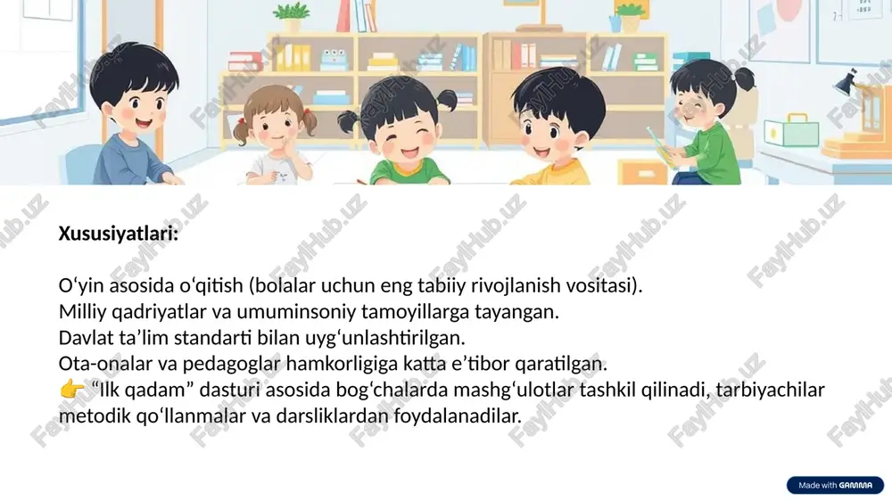 tabgacha ta’lim muassasalari pedagoglari uchun zamonaviy o‘qitish metodikasi va interaktiv mashg‘ulotlarni o‘tkazish bo‘yicha maxsus treninglar tashkil etiladi. metodik qo‘llanmalar pedagoglar va ota-onalar uchun “ilk qadam” dasturining maqsad va vazifalarini, shuningdek, amaliy mashg‘ulotlarni o‘z ichiga olgan qo‘llanmalar ishlab chiqiladi. 9 dastur natijalari va ijobiy o‘zgarishlar 2022 2023 “ilk qadam” dasturini amalga oshirish natijasida maktabga tayyor bolalar soni sezilarli darajada oshdi. savodxonlik darajasi yuqori bo‘lgan bolalar maktabga ko‘proq tayyor holda kirib kelmoqda. shuningdek, turli hududlarda maktabgacha ta’lim muassasalari soni va sifati yaxshilanib, bolalar uchun ta’lim olish imkoniyatlari kengaymoqda. 10 imkoniyati cheklangan bolalar uchun maxsus yondashuv inklyuziv ta’lim tizimi dastur doirasida imkoniyati cheklangan bolalar uchun inklyuziv ta’lim tizimi rivojlantirilmoqda. bu tizim har bir bolaning ehtiyojlarini inobatga olgan holda maxsus dasturlar va o‘qitish metodikalarini o‘z ichiga oladi. individual dasturlar: har bir bola uchun moslashtirilgan o‘quv rejalari. maxsus o‘qituvchilar: qo‘shimcha ta’lim va qo‘llab-quvvatlash uchun mutaxassislar. adaptiv muhit: maktabgacha ta’lim muassasalarida qulay va moslashtirilgan sharoitlar yaratish. …