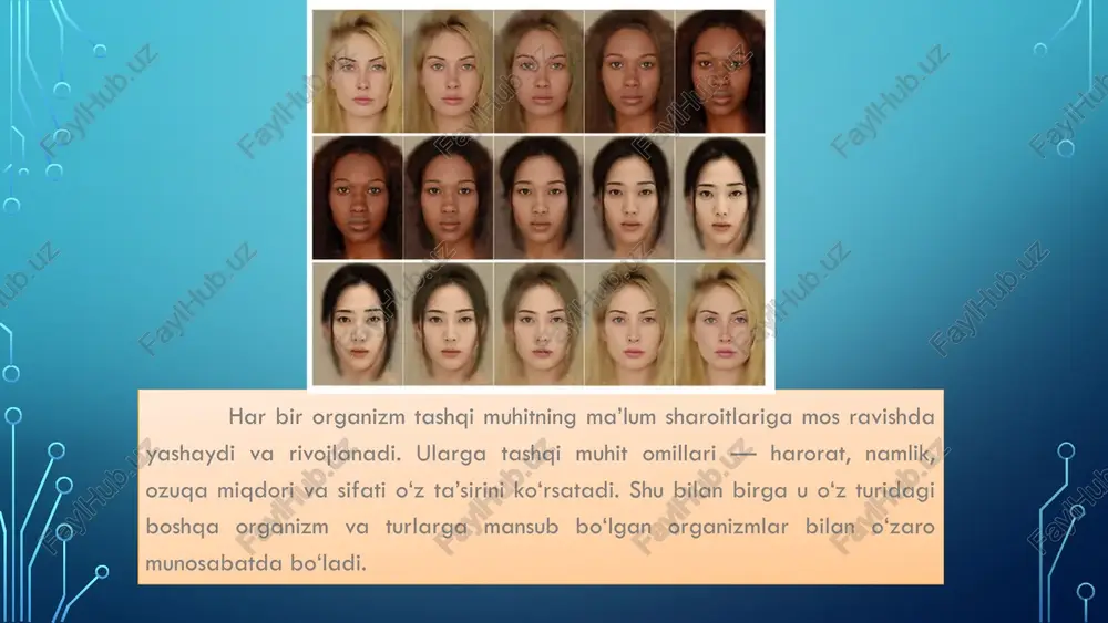 bog‘liq? fenotipik o‘zgaruvchanlikning o‘ziga xos xususiyatlarini ko‘rsating. mutatsion o'zgaruvchanlik mutatsiyalar genetik materialdagi o'zgarishlardir. turlari nuqta va xromosoma mutatsiyalari mavjud. oqibatlari gen kasalliklariga olib kelishi mumkin. 14 kombinatsion o'zgaruvchanlik krossingover 1 mustaqil assortiment 2 urug'lanish 3 jinsiy ko'payishda genlarning kombinatsiyasi sodir bo'ladi. bu genetik xilma-xillikni oshiradi. 15 modifikatsion o'zgaruvchanlik 1 oziqlanish 2 harorat 3 yorug'lik atrof-muhit ta'siri ostida fenotipning o'zgarishidir. genotip o'zgarmaydi. 16 o'zgaruvchanlikning sabablari 1 ichki sabablar genetik mutatsiyalar va kombinatsiyalar. tashqi sabablar atrof-muhit omillari. ichki va tashqi sabablar o'rtasida bog'liqlik mavjud. 17 o'zgaruvchanlik va adaptatsiya asos o'zgaruvchanlik adaptatsiya uchun asosdir. moslashuv organizmlarning atrof-muhitga moslashuvi. tanlanish tabiiy tanlanish jarayonida o'zgaruvchanlik ahamiyati. 18 o'zgaruvchanlikning amaliy ahamiyati qishloq xo'jaligi selektsiya jarayonlarida muhim. tibbiyot genetik kasalliklarni o'rganishda. biotexnologiya genetik modifikatsiyada. 19 o'zgaruvchanlikni o'rganish usullari statistik usullar qo'llaniladi. genetik analiz o'tkaziladi. molekulyar biologiya usullari. 20 xulosa: o'zgaruvchanlikning biologik ahamiyati 1 hayot asosi 2 evolyutsiya 3 tadqiqotlar o'zgaruvchanlik hayotning asosi, evolyutsiyaning harakatlantiruvchi kuchi. bu kelajakdagi …